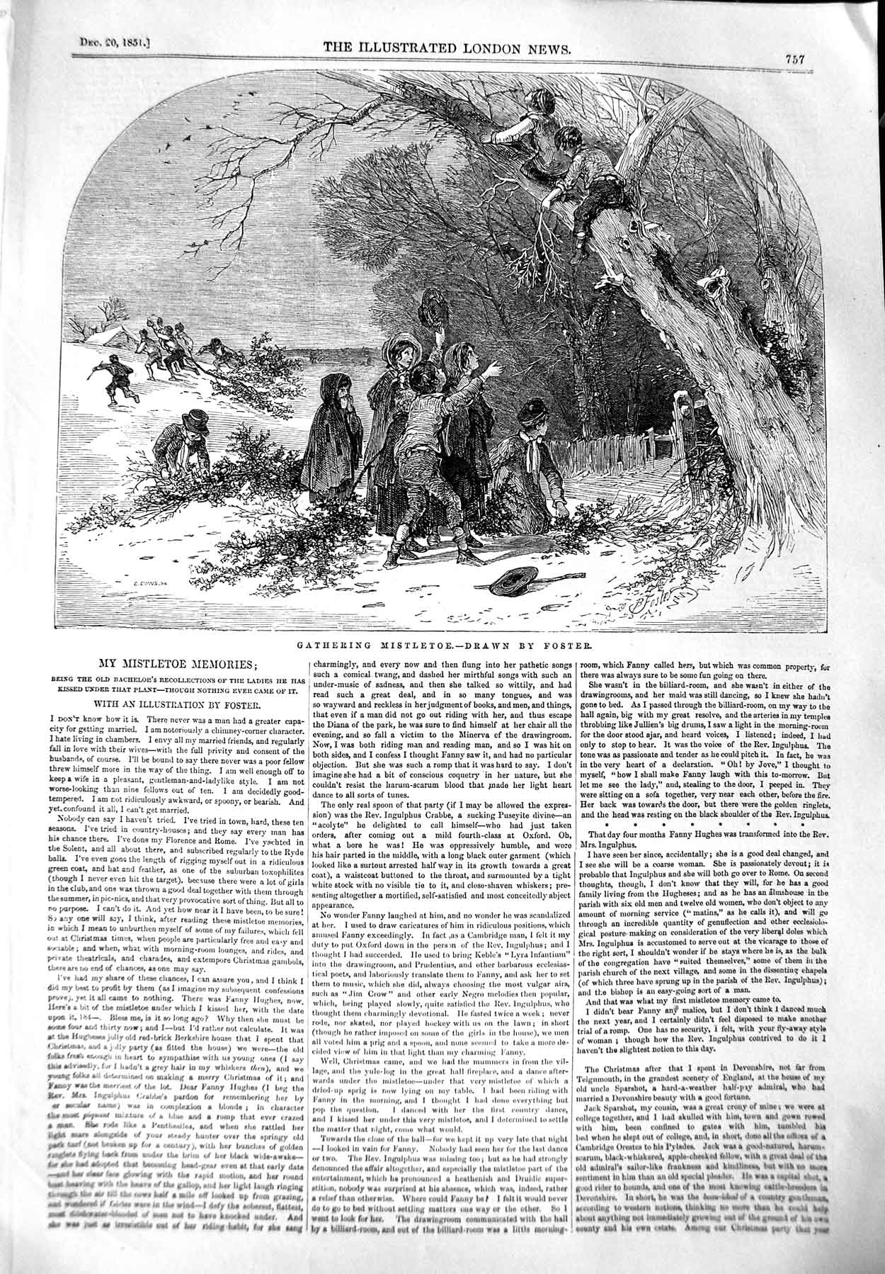 Original Old Antique Print 1851 Christmas Scene Gathering Mistletoe C Victorian
