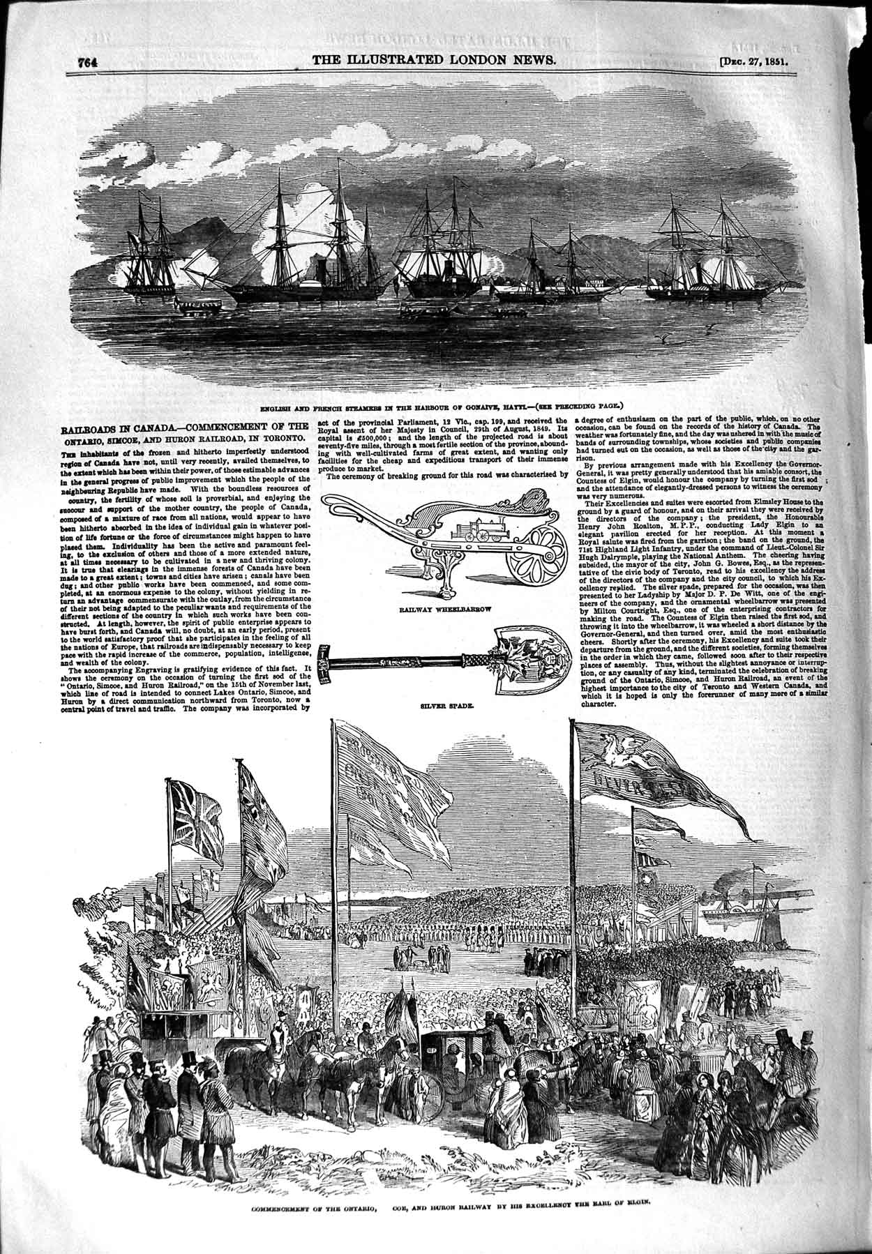 Old Antique Print 1851 Huron Railway Earl Elgin Canada Hayti French Ships 19th