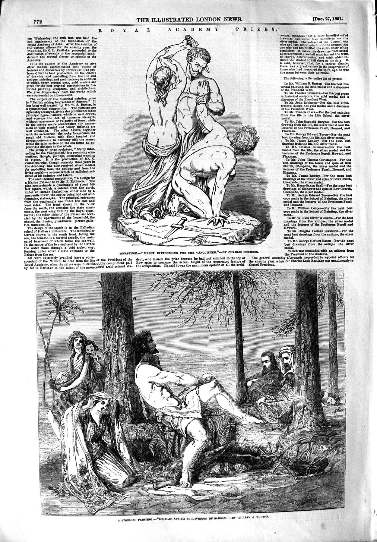 Old Antique Print 1851 Sculpture Delilah Asking Forgivness Samson Burton 19th