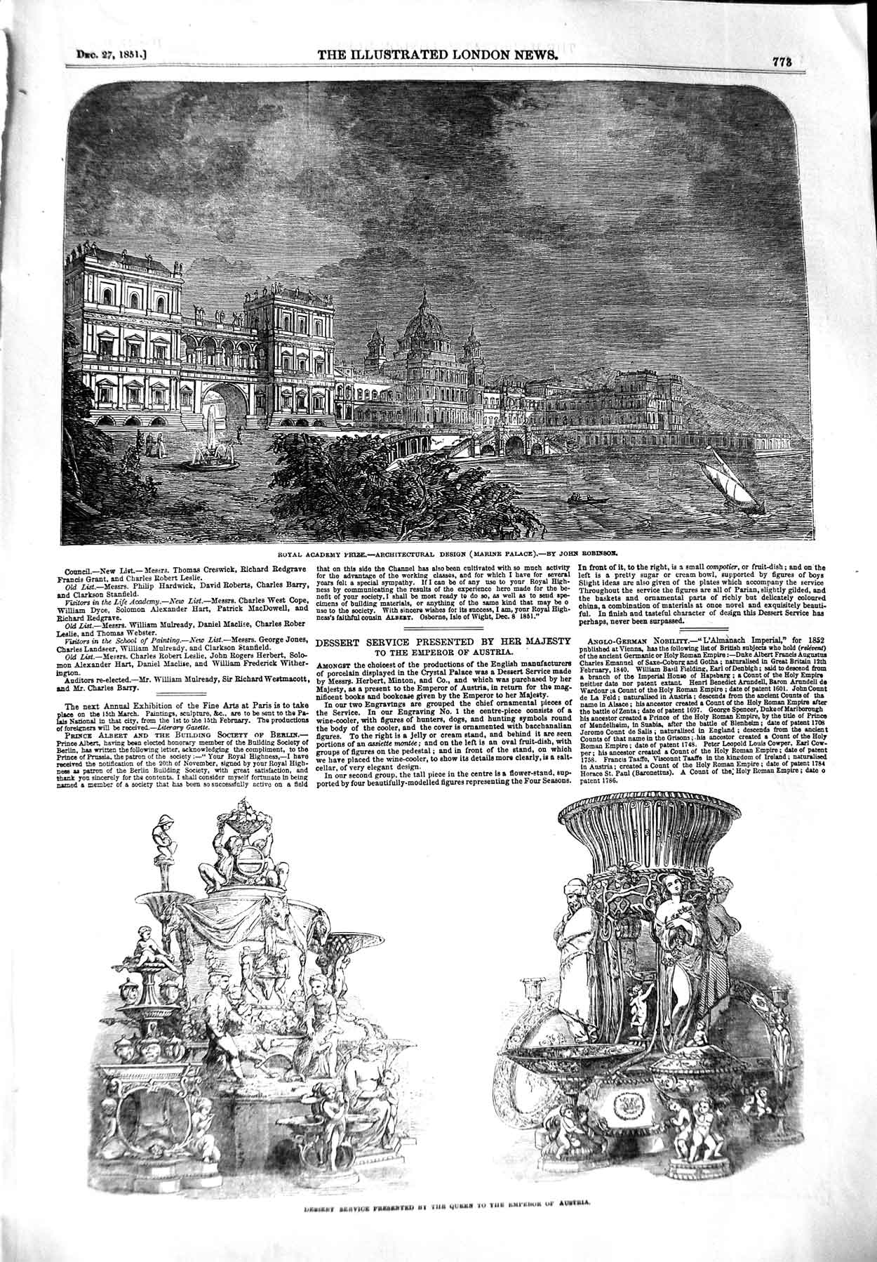 Original Old Antique Print 1851 Marine Palace Architcture Dessert Service Queen