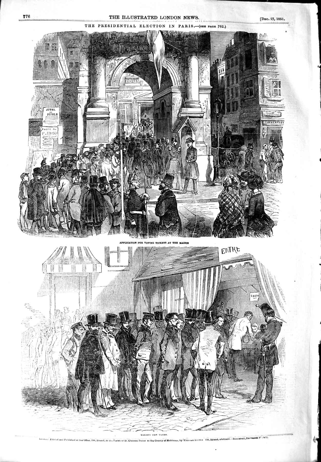Old Antique Print 1851 Presidential Election Paris Voting Tickets Mairie 19th