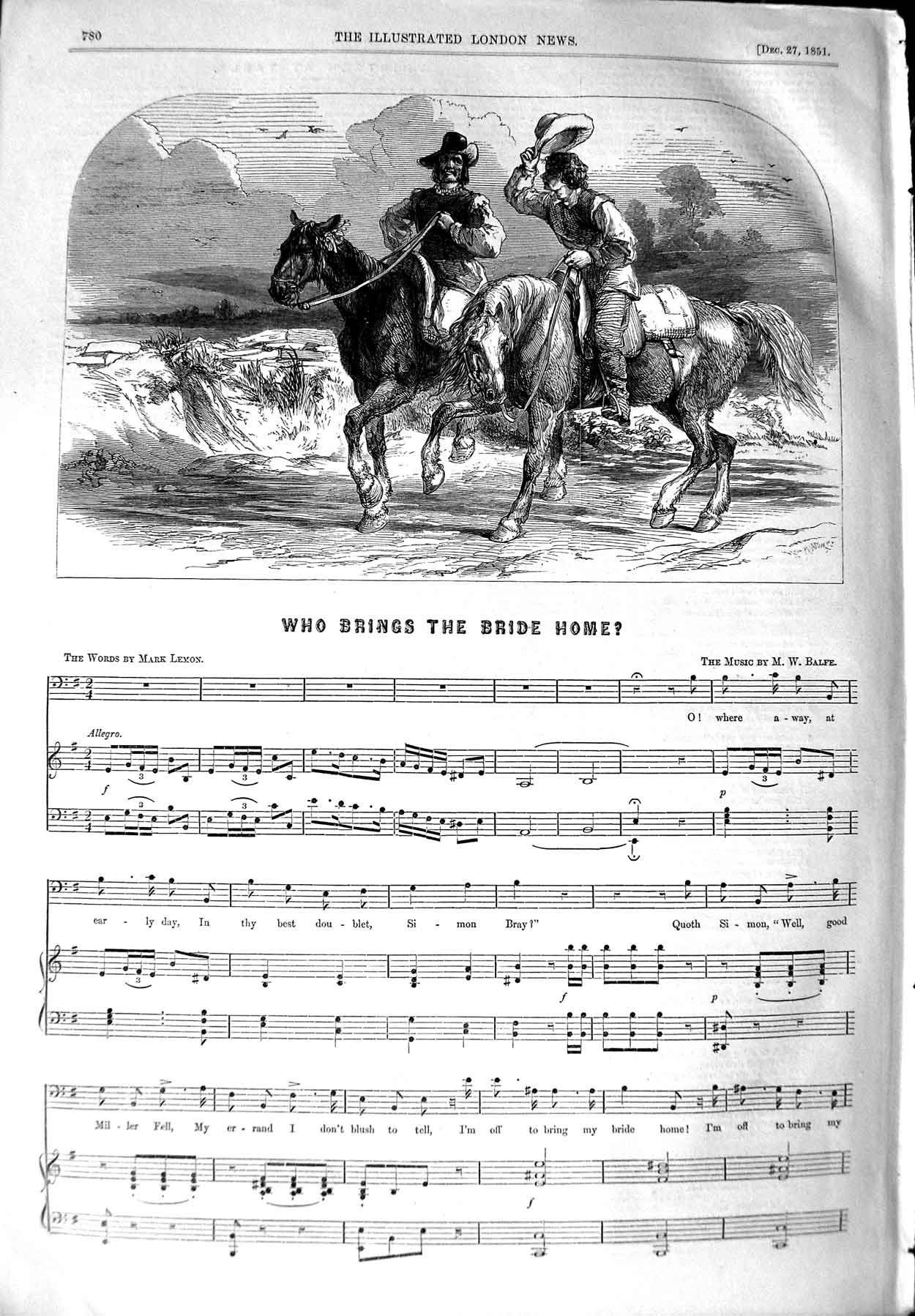 Old Antique Print 1851 Sheet Music Who Brings The Ride Home Balfe Lemon 19th