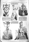 Original Old Antique Print 1852 Vase Minton China Sculpture Centre-Piece Bronze