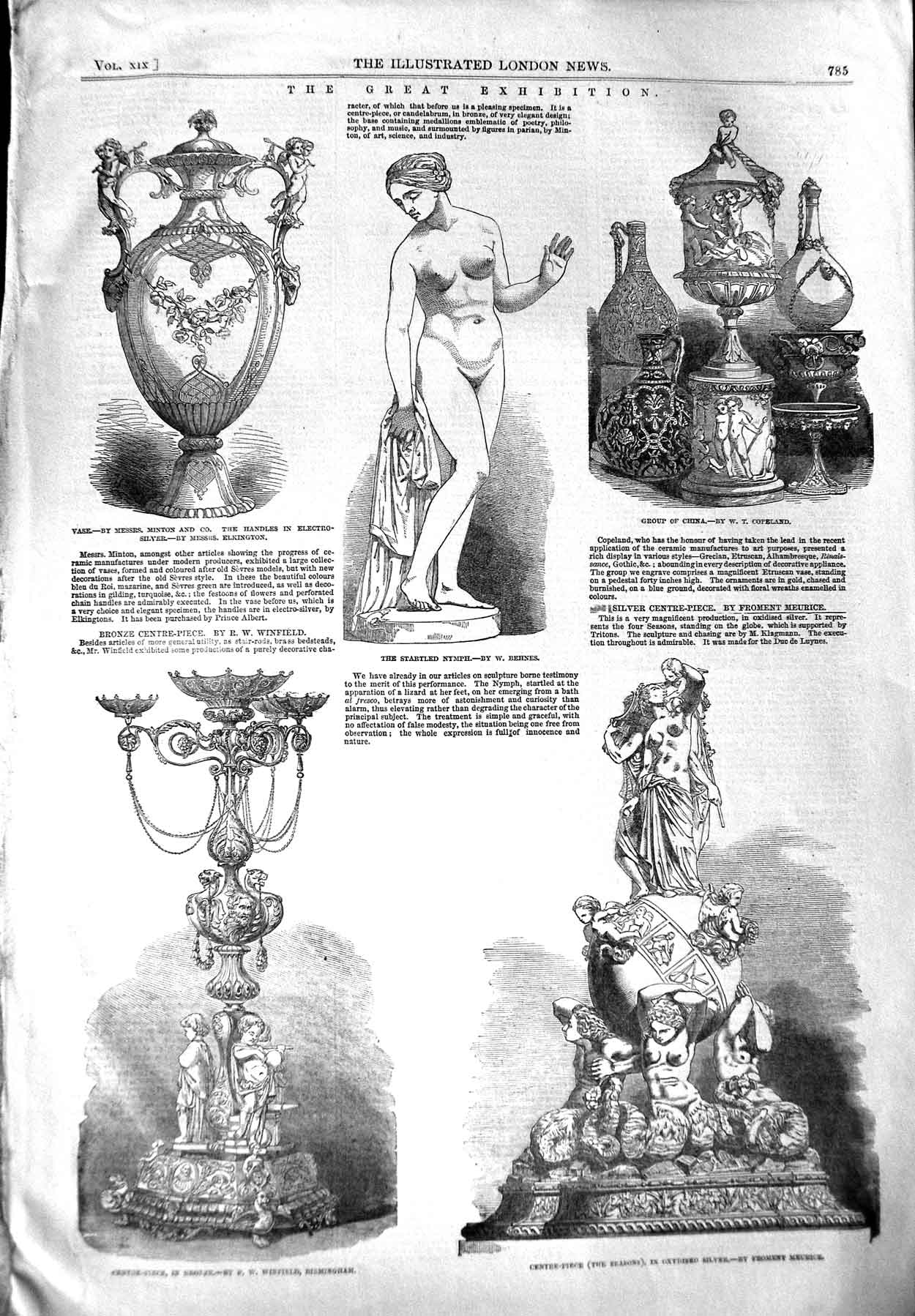 Original Old Antique Print 1852 Vase Minton China Sculpture Centre-Piece Bronze