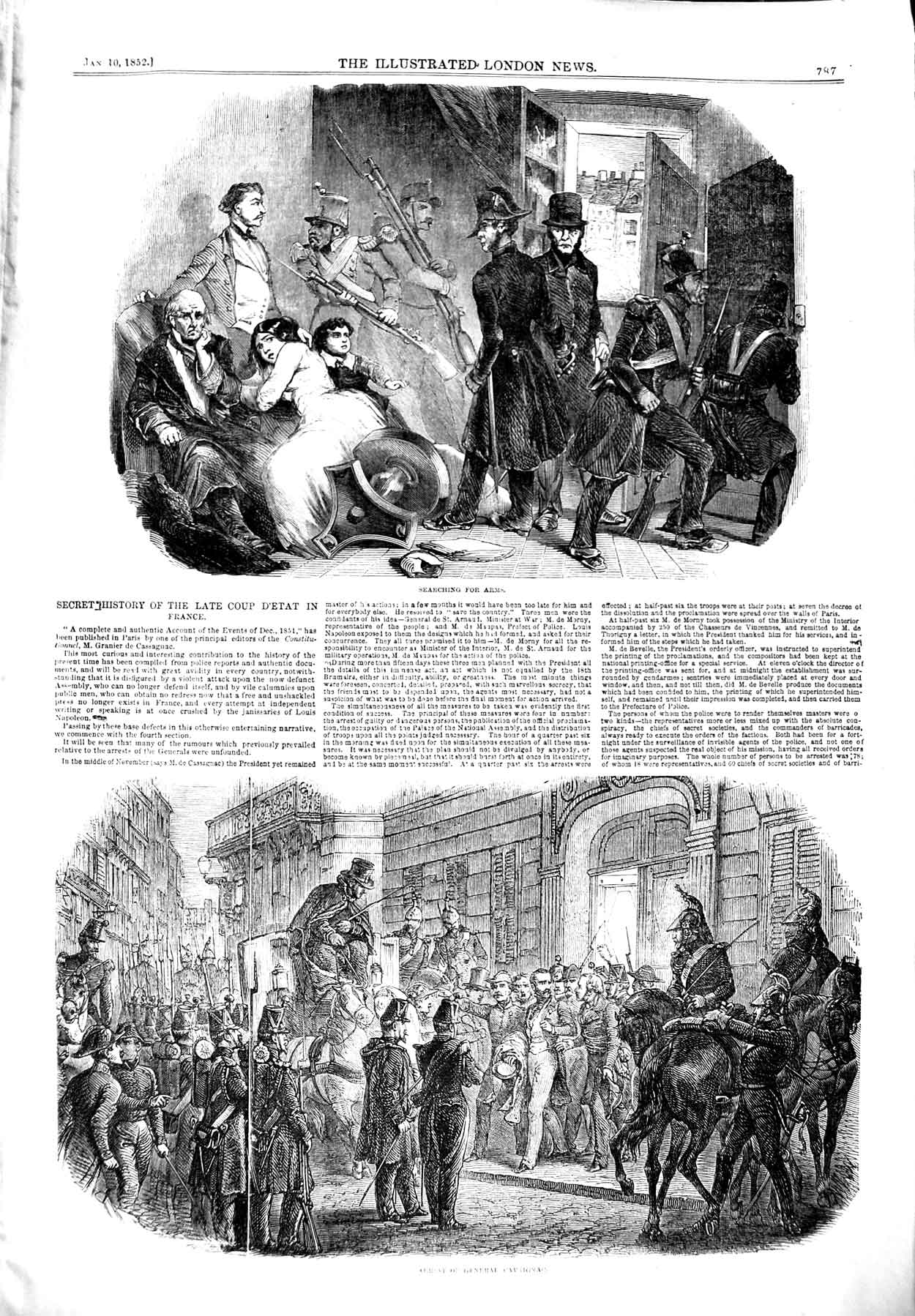 Original Old Antique Print 1852 Arrest General Cavaignac Police Weapons France