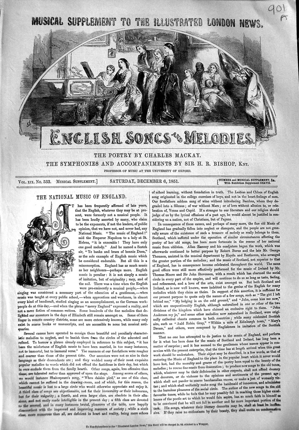 Old Antique Print 1851 Sheet Music English Songs Wintry Winds Light Love 19th