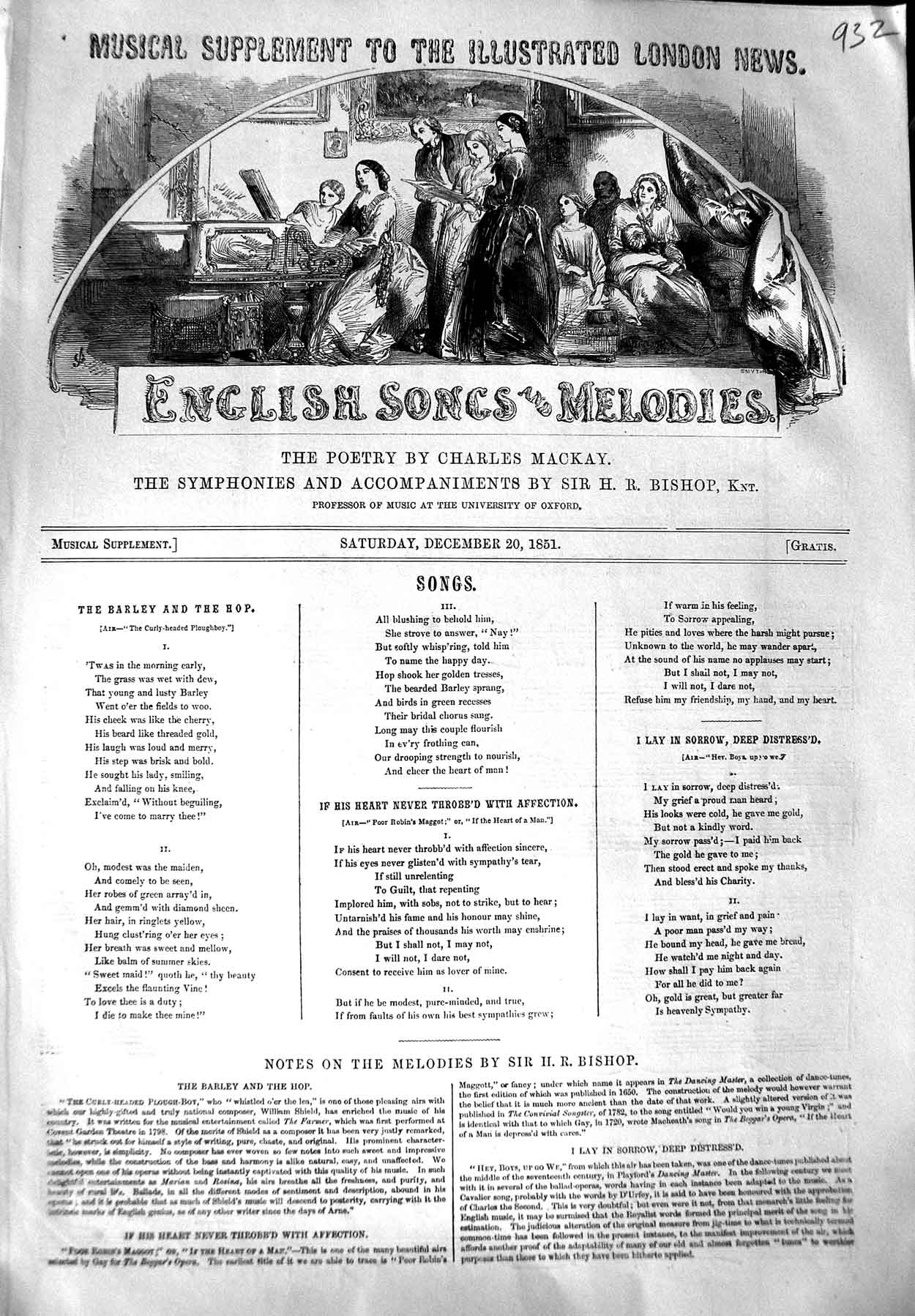 Old Antique Print 1851 Sheet Music Songs Melodies Charles Mackay Bishop 19th