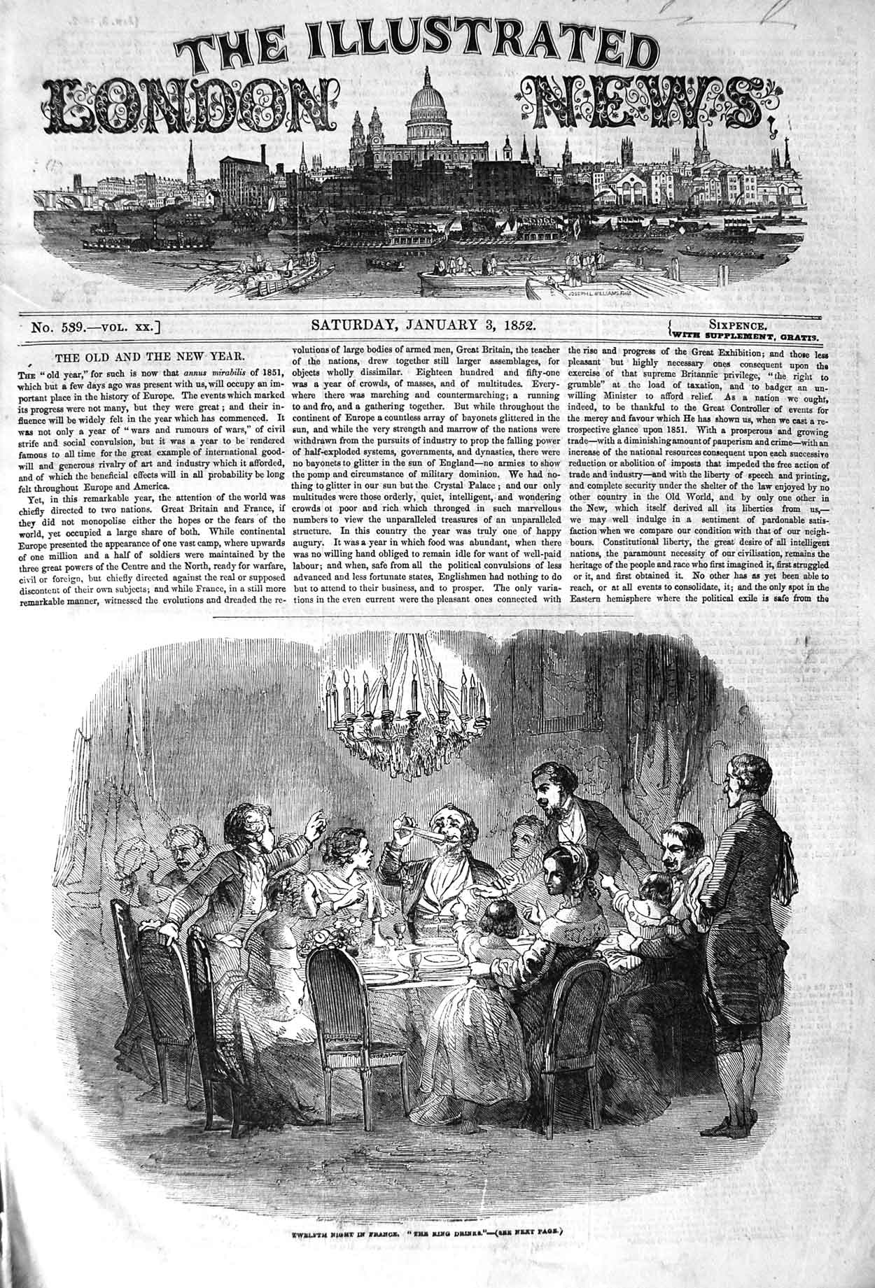 Old Antique Print 1852 Twelfth Night France King Drinks New Year Custom 19th