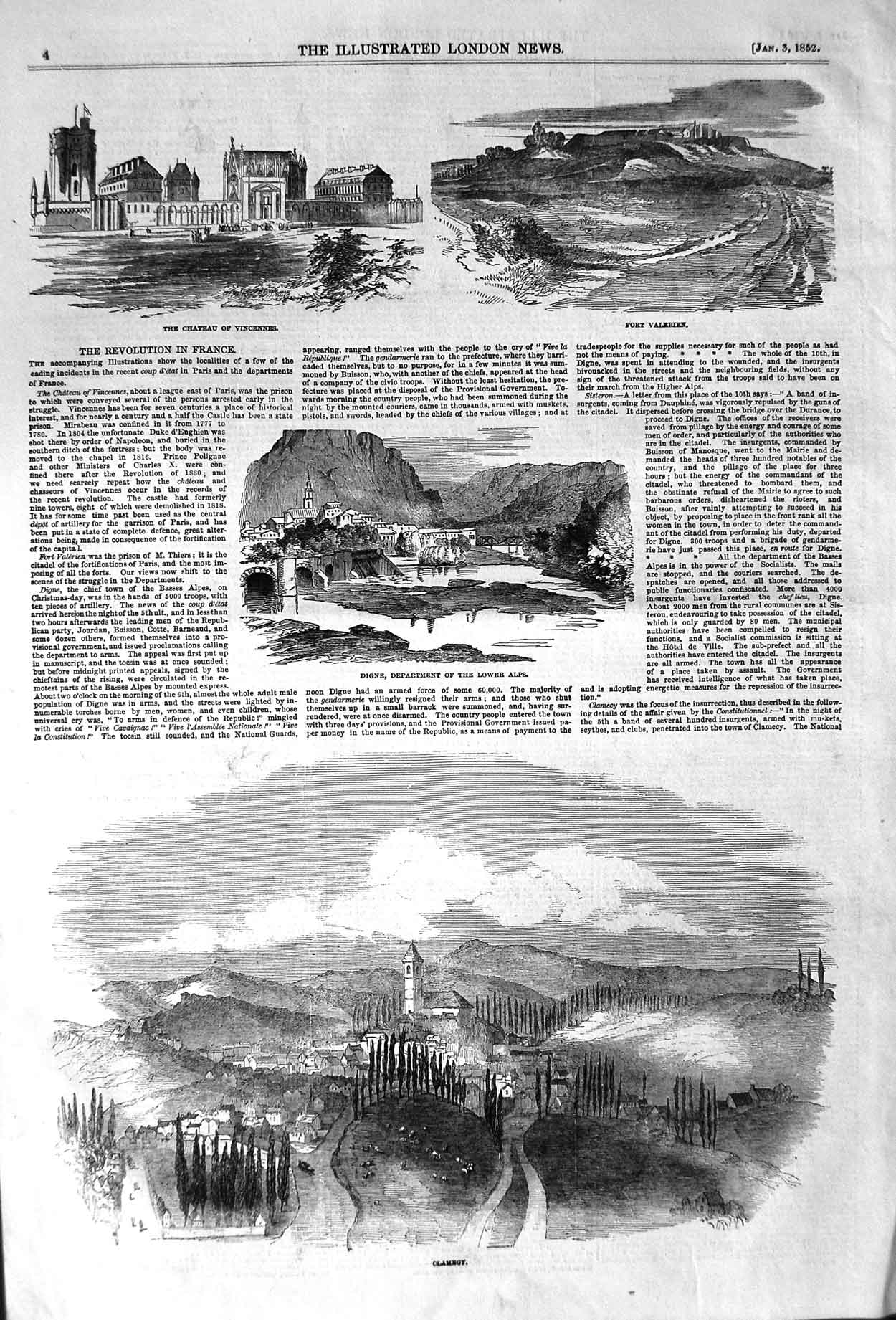 Original Old Antique Print 1852 Clamegy Digne Alps Mountains Chateau Vincennes