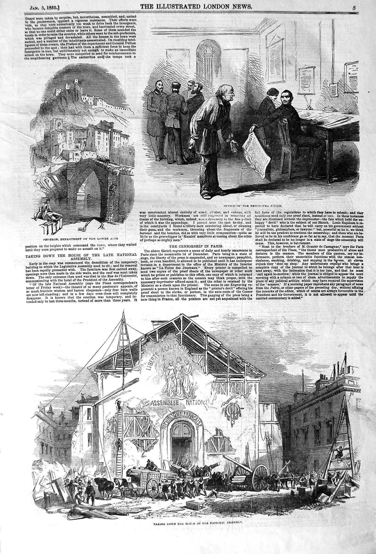Original Old Antique Print 1852 House National Assembly Paris Newspaper Police