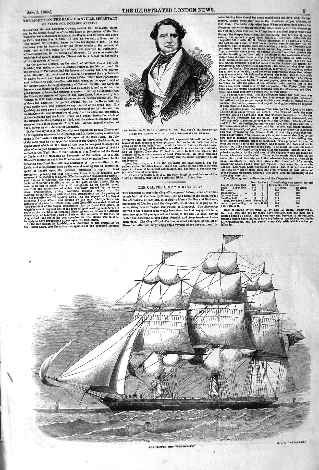Original Old Antique Print 1852 Clipper Ship Chrysolite Earl Granville Se 19th