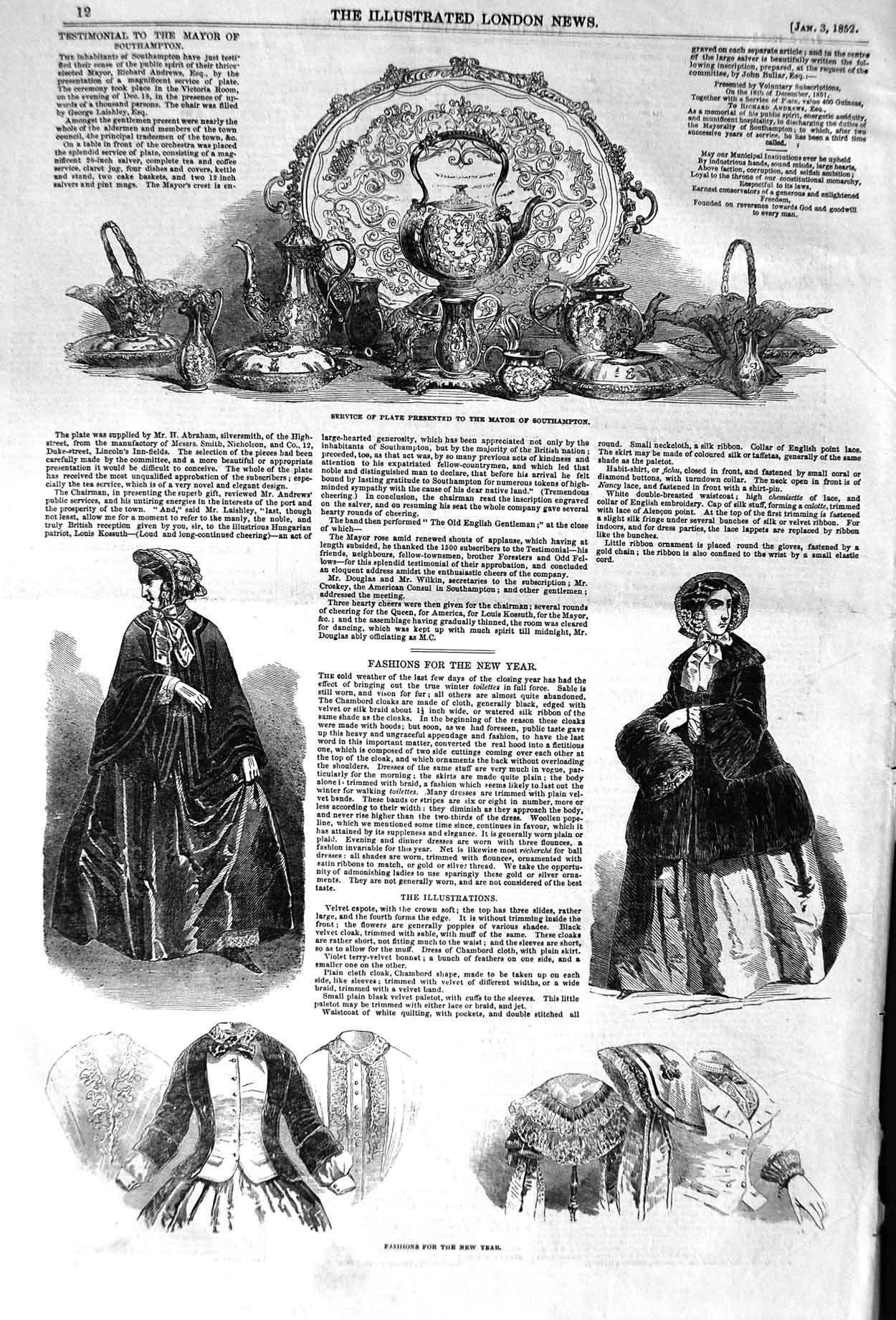 Original Old Antique Print 1852 Mayor Southampton Plate Paris New Year Fashion