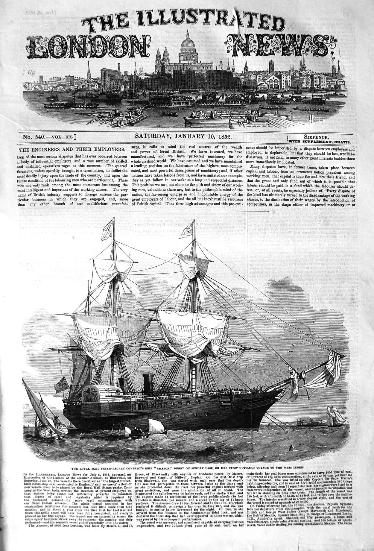 Original Old Antique Print 1852 Royal Mail Steam Packet Company Ship Victorian