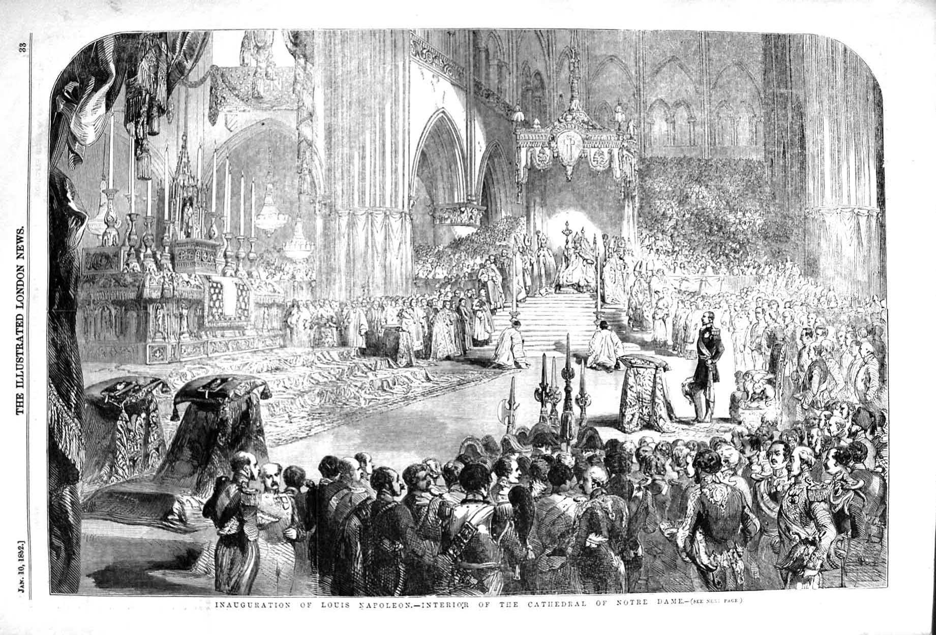 Original Old Antique Print 1852 Louis Napoleon Cathedral Notre Dame France 19th