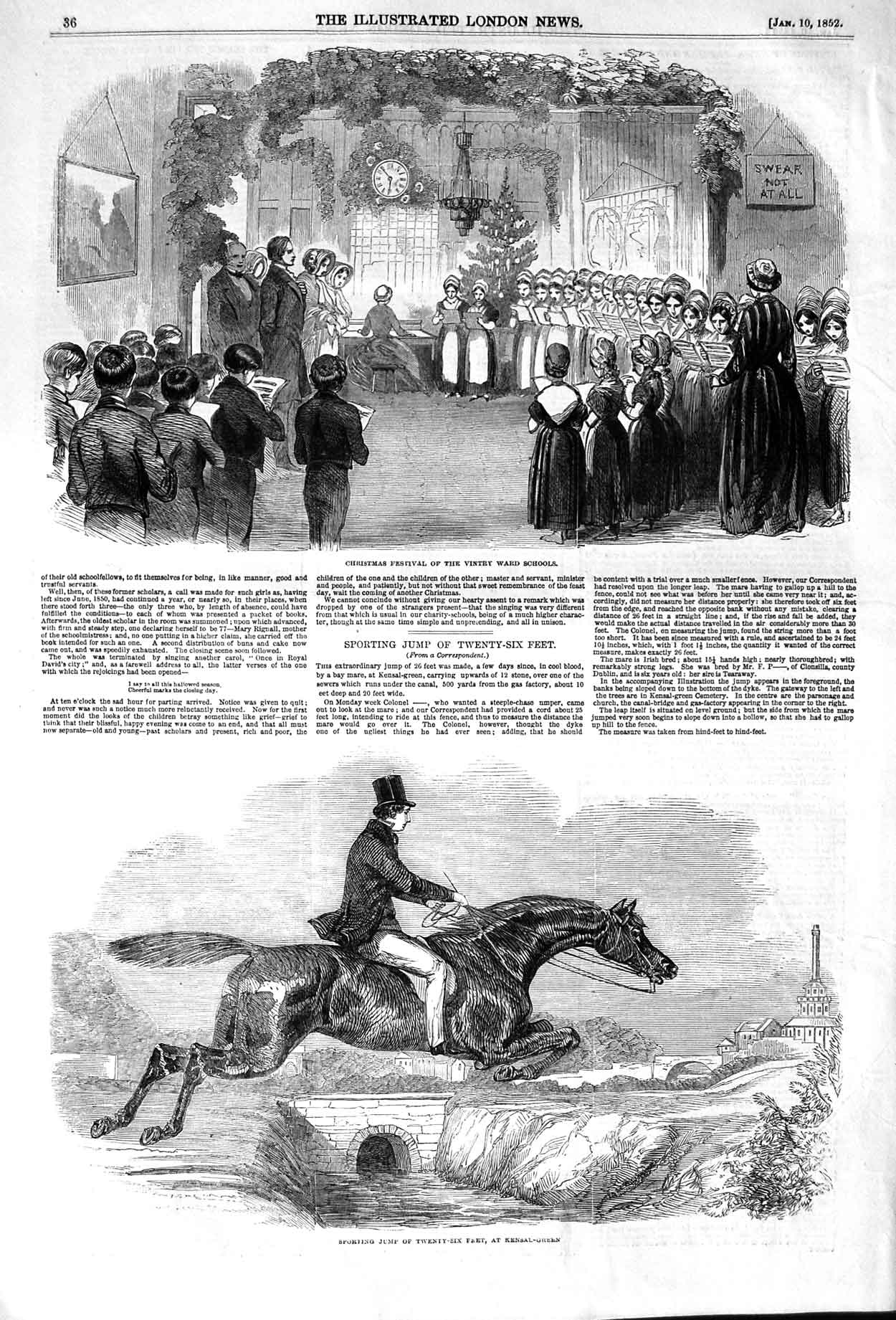 Old Antique Print 1852 Sport Jump Horse Kensal Green Vintry Ward School 19th
