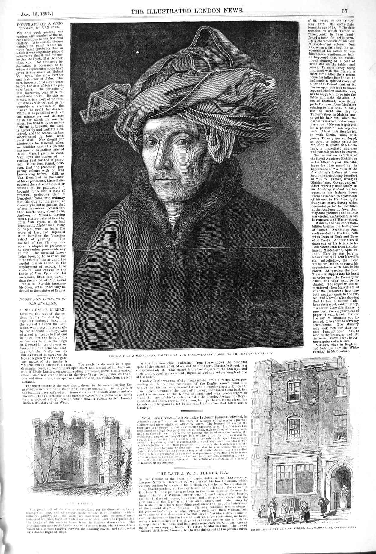 Original Old Antique Print 1852 Portrait Gentleman Lumley Castle Turner Covent