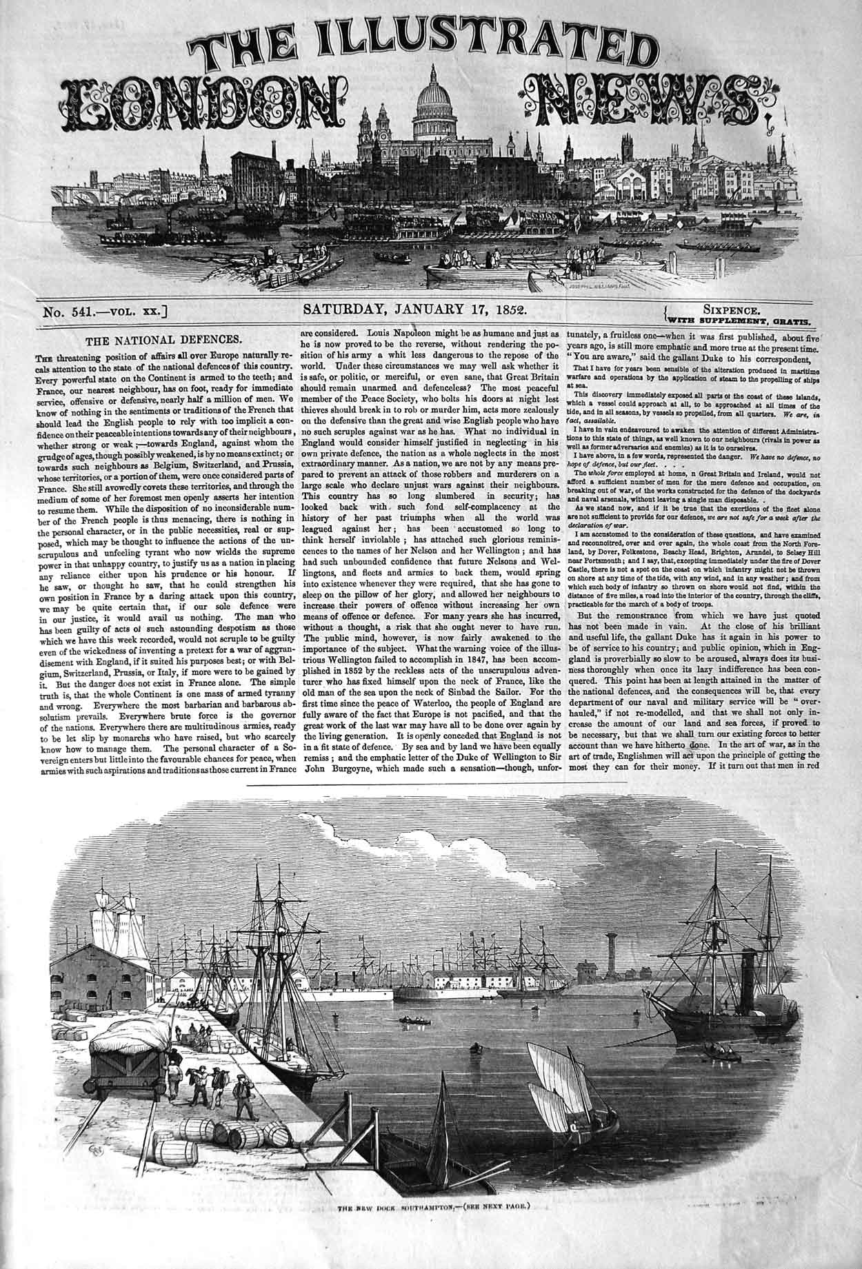 Original Old Antique Print 1852 New Docks Southampton Ships War 19th