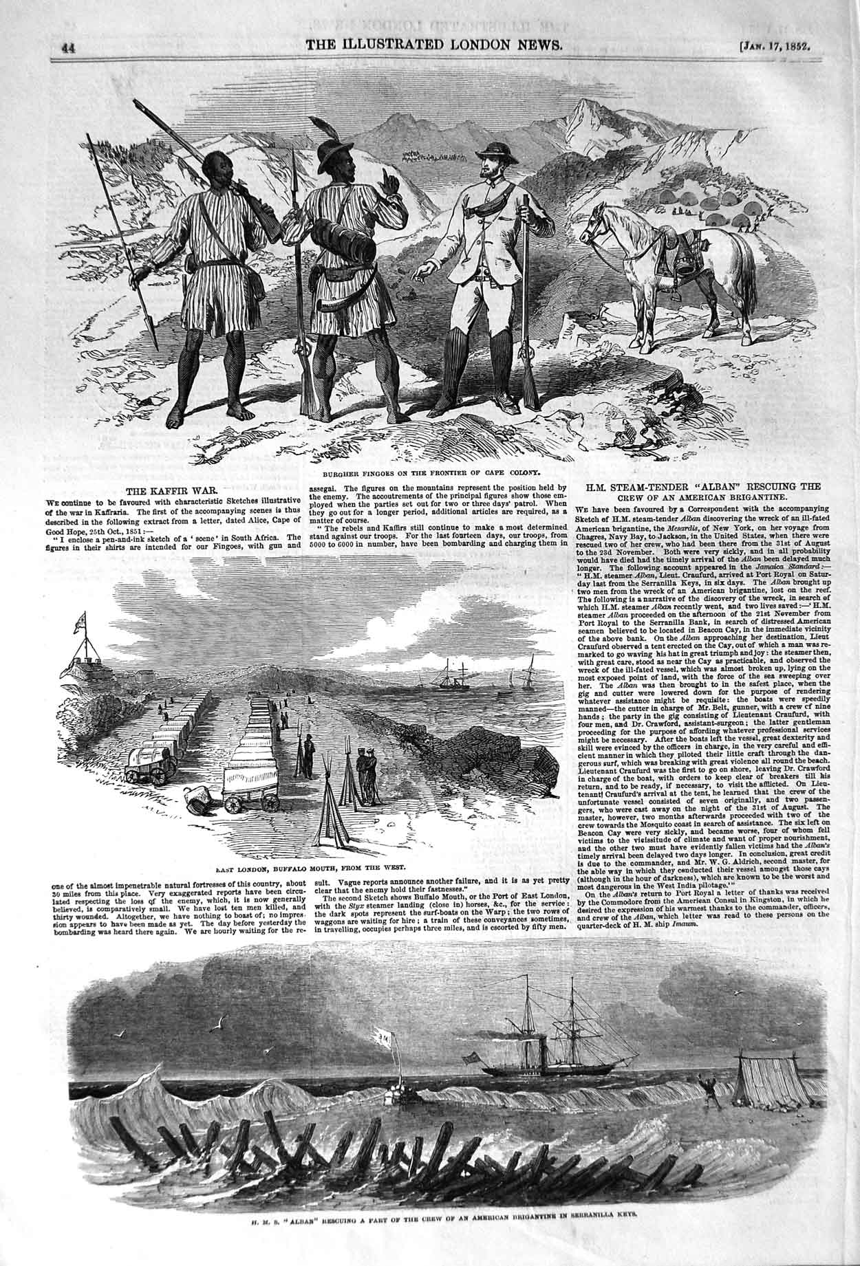 Old Antique Print 1852 Kaffir War Burgher Fingoes Cape Colony Alban Ship 19th