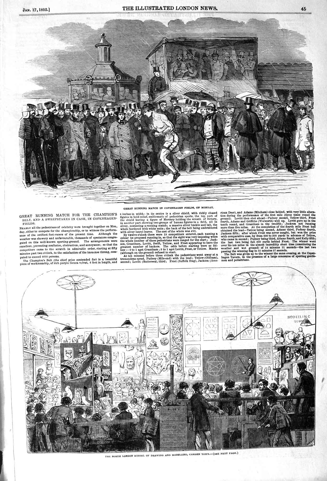 Original Old Antique Print 1852 Running Match Copenhagen London School Drawing