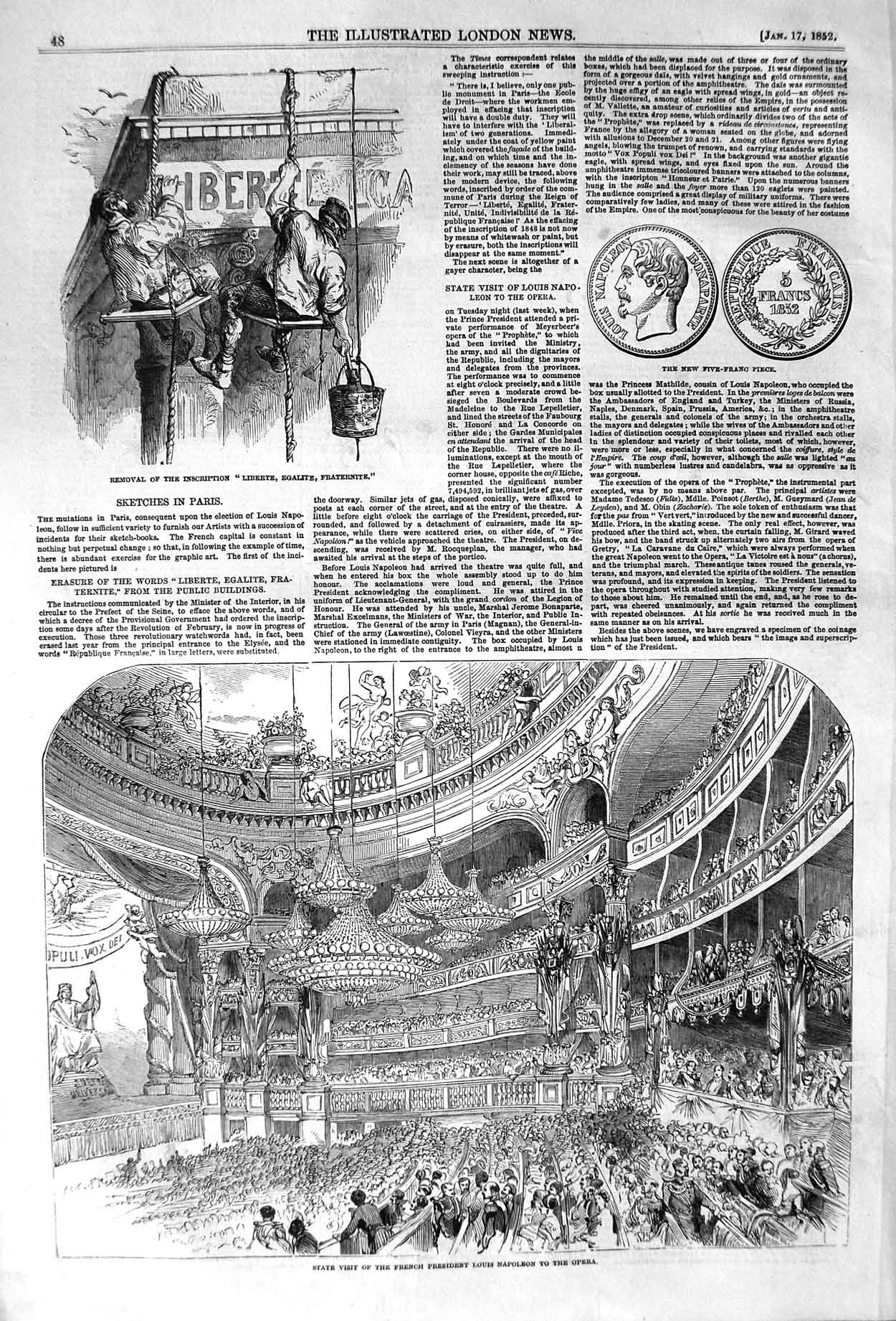 Old Antique Print 1852 French President Louis Napoleon Opera Paris Franc 19th