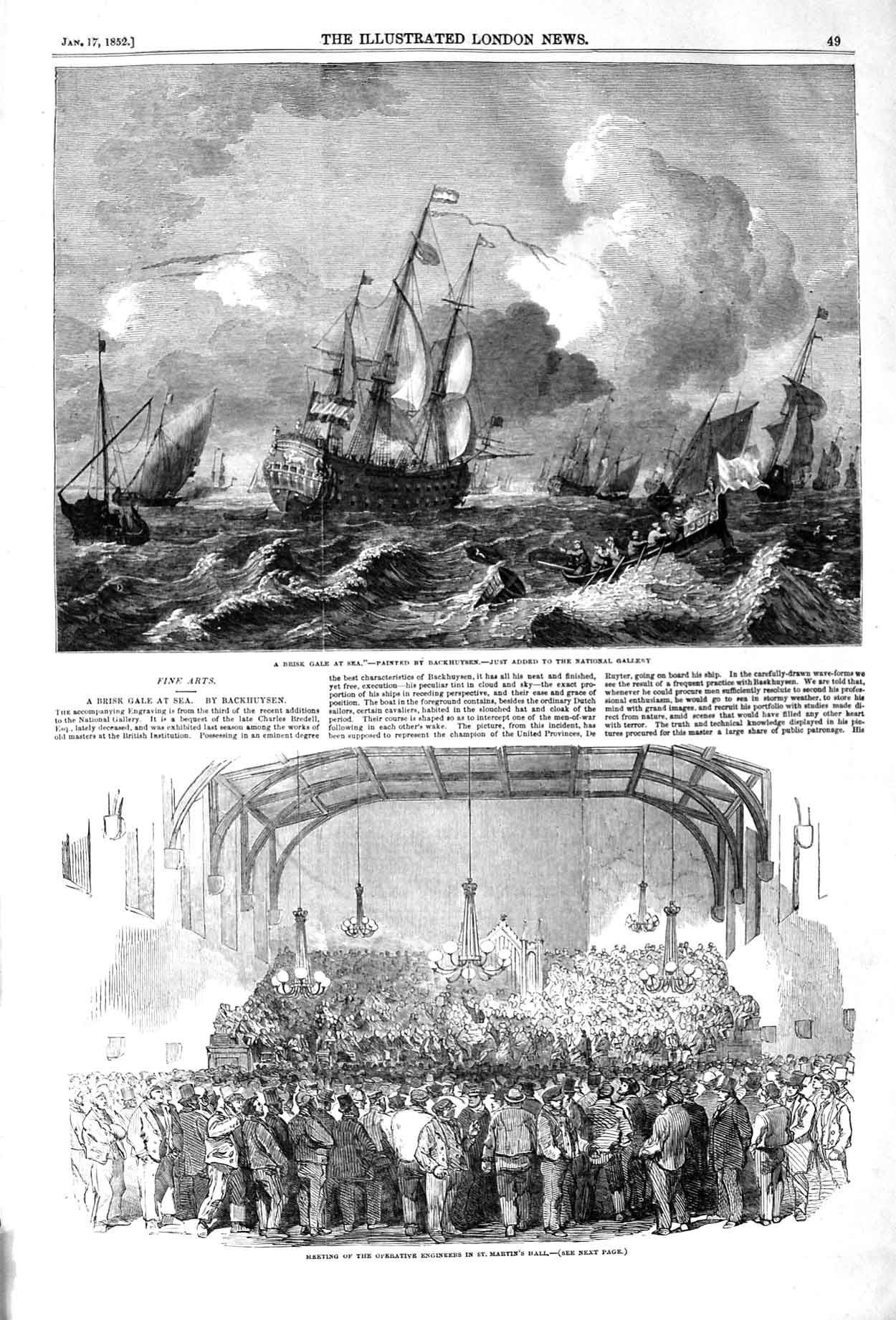 Old Antique Print 1852 Sea Storm War Ships Boats Engineers Martin'S Hall 19th