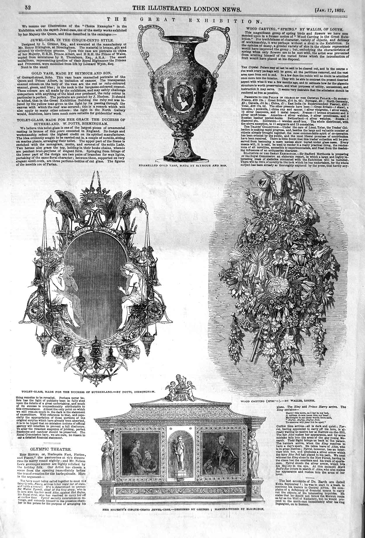 Original Old Antique Print 1852 GVase Toilet-Glass Wood Carving Jewel Case 19th