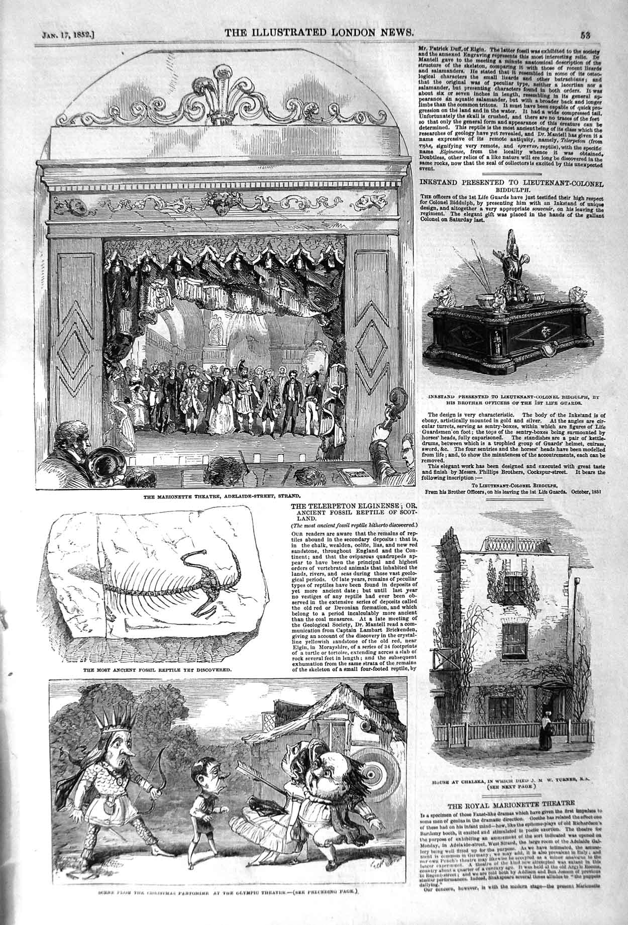 Original Old Antique Print 1852 Marionette Theatre Strand Fossil Reptile 19th