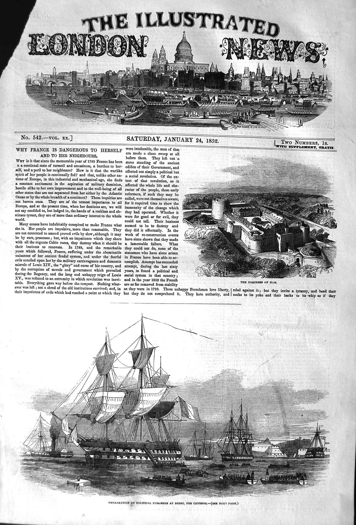 Original Old Antique Print 1852 Fortress Ham Political Prisoners Brest Ship