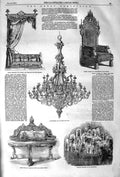 Original Old Antique Print 1852 Chandelier Wine-Table Mexican Figures Bedstead