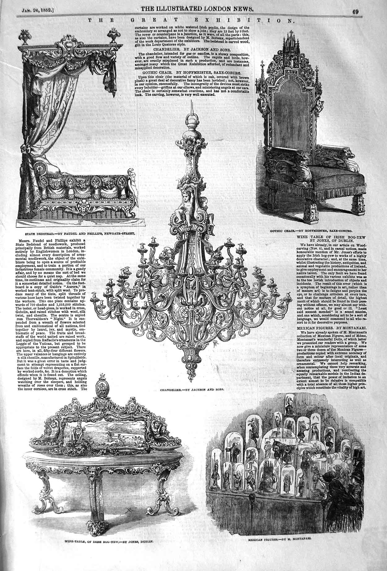Original Old Antique Print 1852 Chandelier Wine-Table Mexican Figures Bedstead