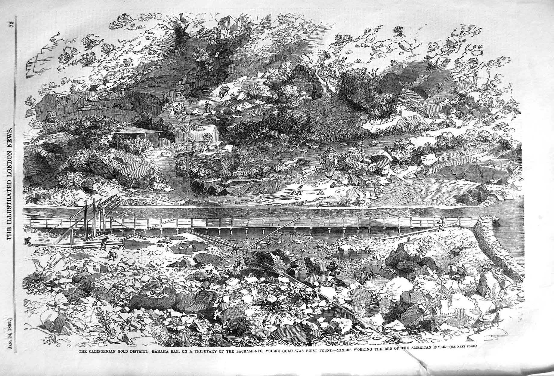 Original Old Antique Print 1852 California GMining America Kanaha Sacramento