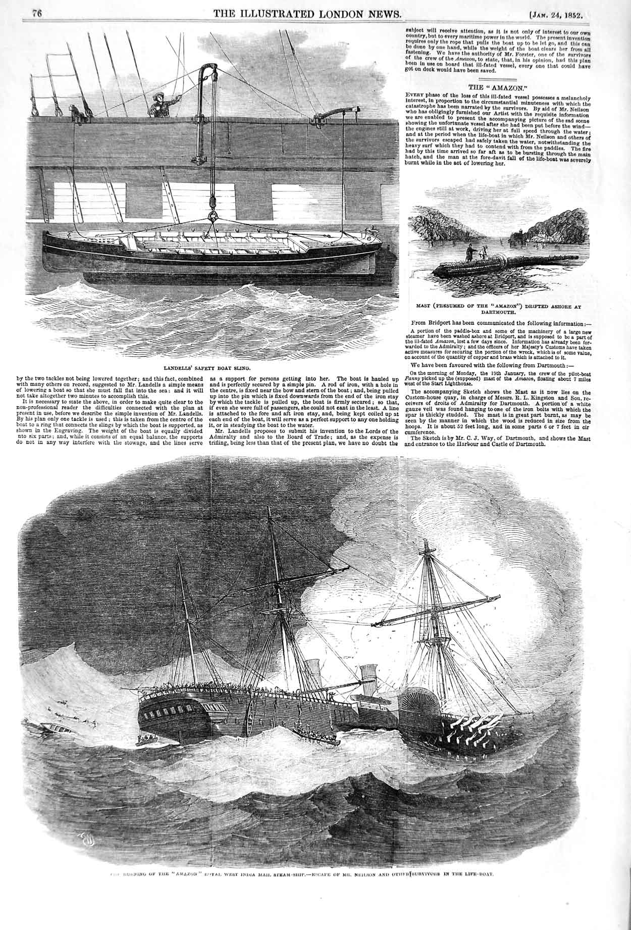 Original Old Antique Print 1852 Fire Amazon Royal India Mail Ship Landells Boat