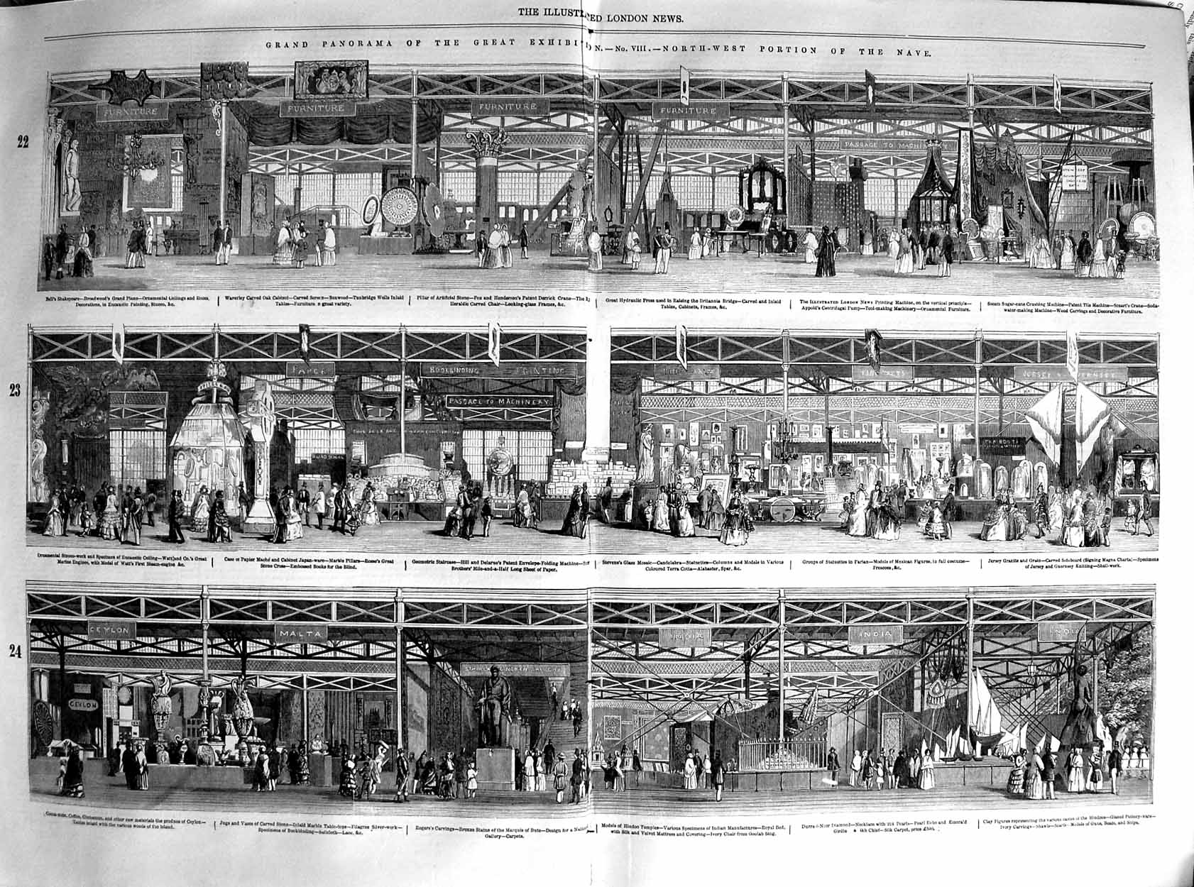 Original Old Antique Print 1852 Panorama Great Exhibition Building Furniture 0