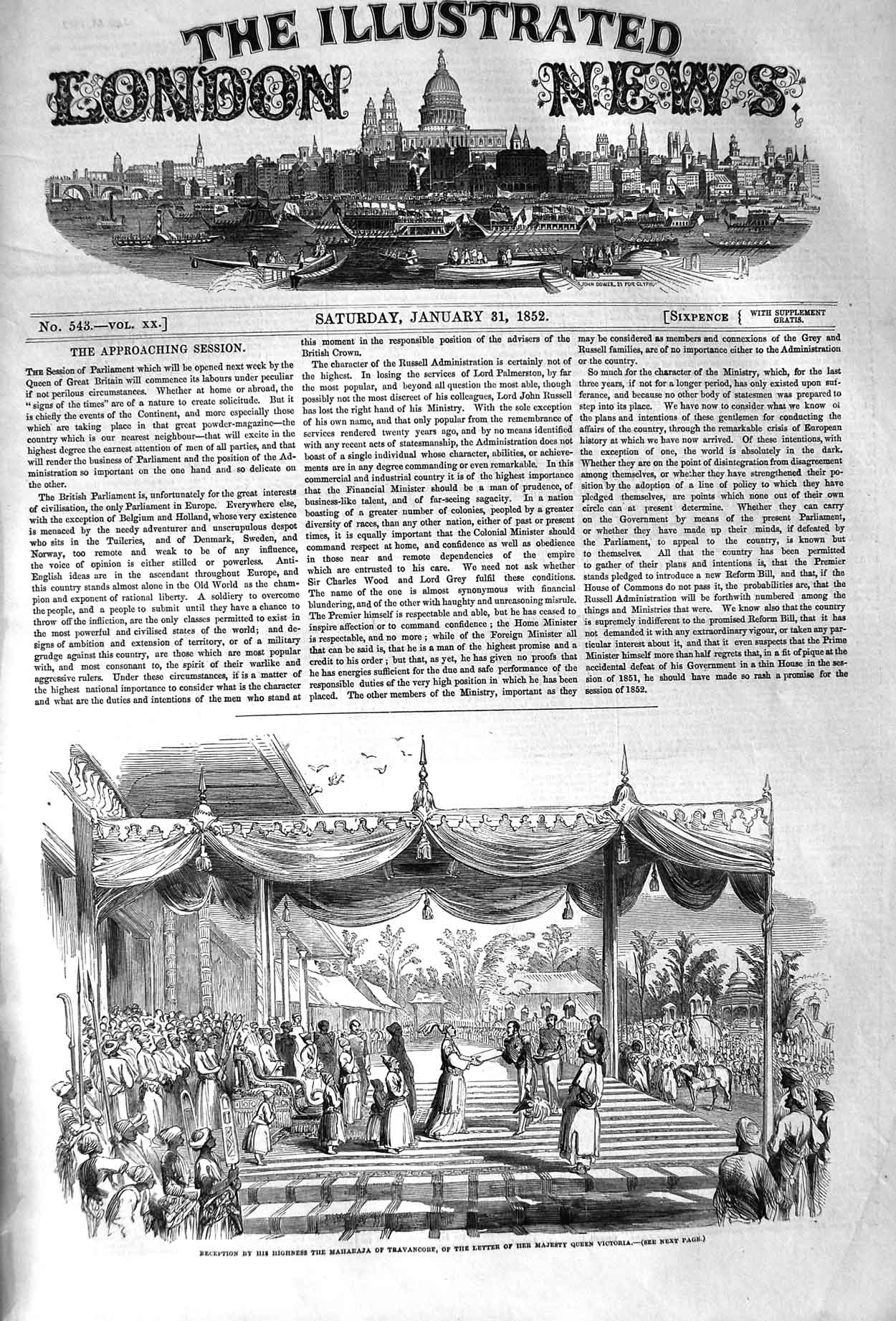 Original Old Antique Print 1852 Reception Maharaja Travancore Queen Victoria