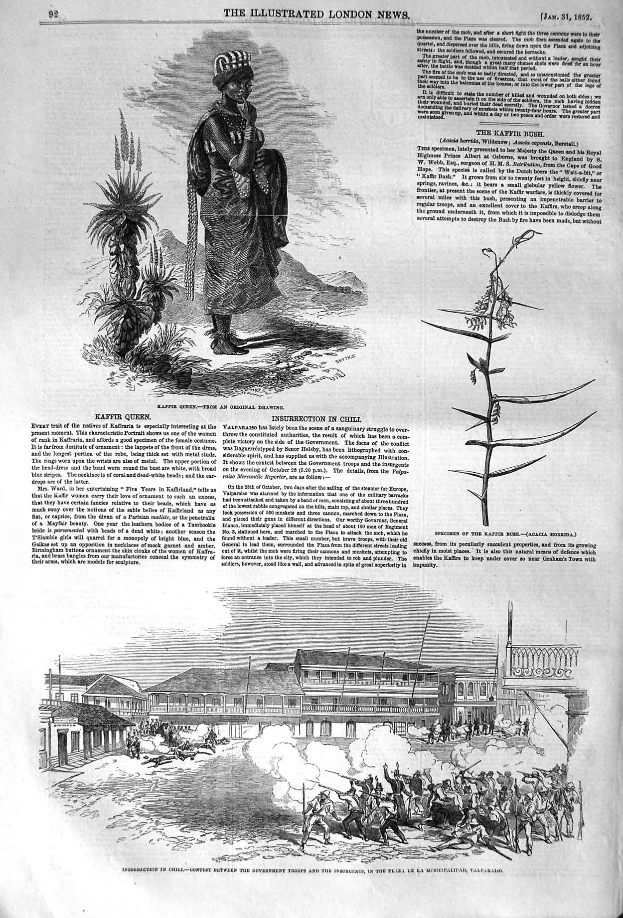 Old Antique Print 1852 Kaffir Queen Chili Plaza Municipalidad Valparaiso 19th