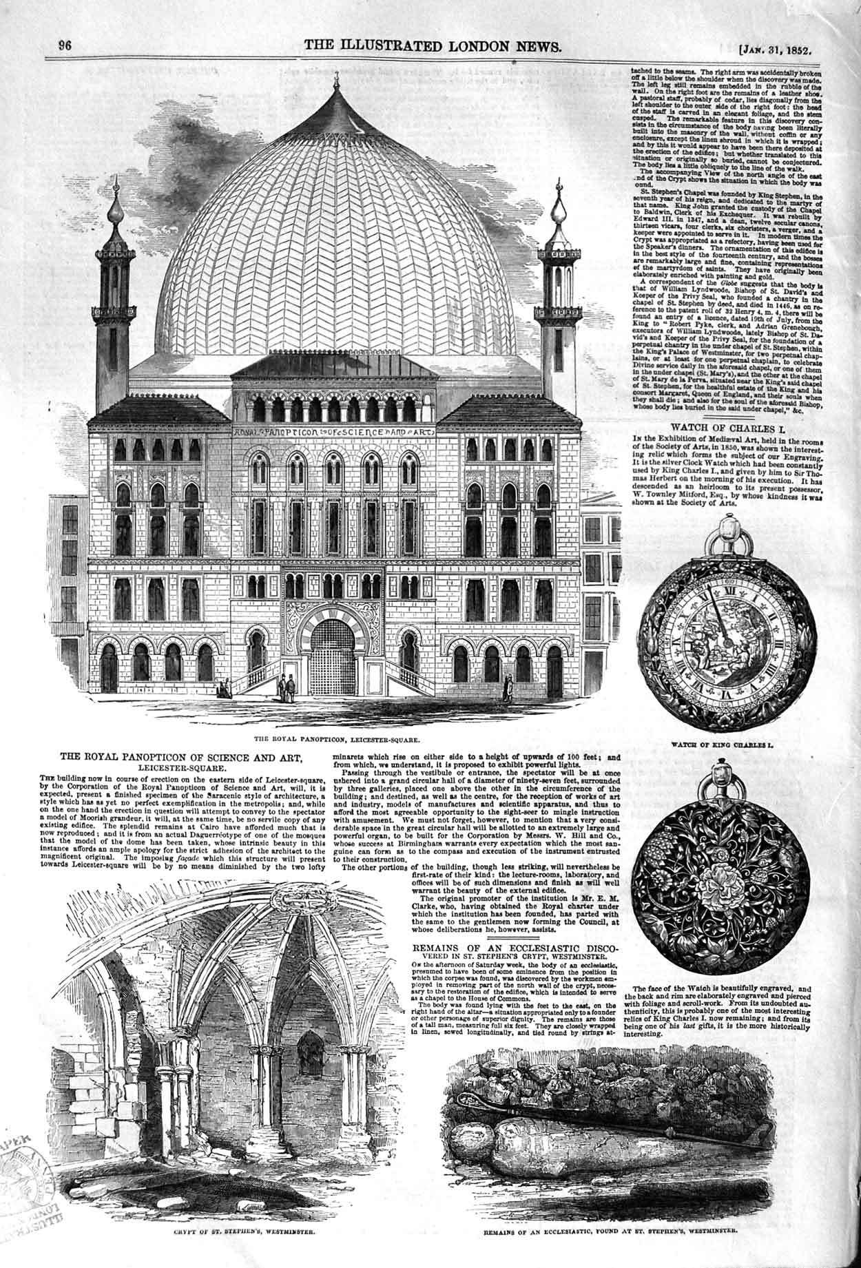 Original Old Antique Print 1852 Panopticon Leicester-Square Crypt West Victorian