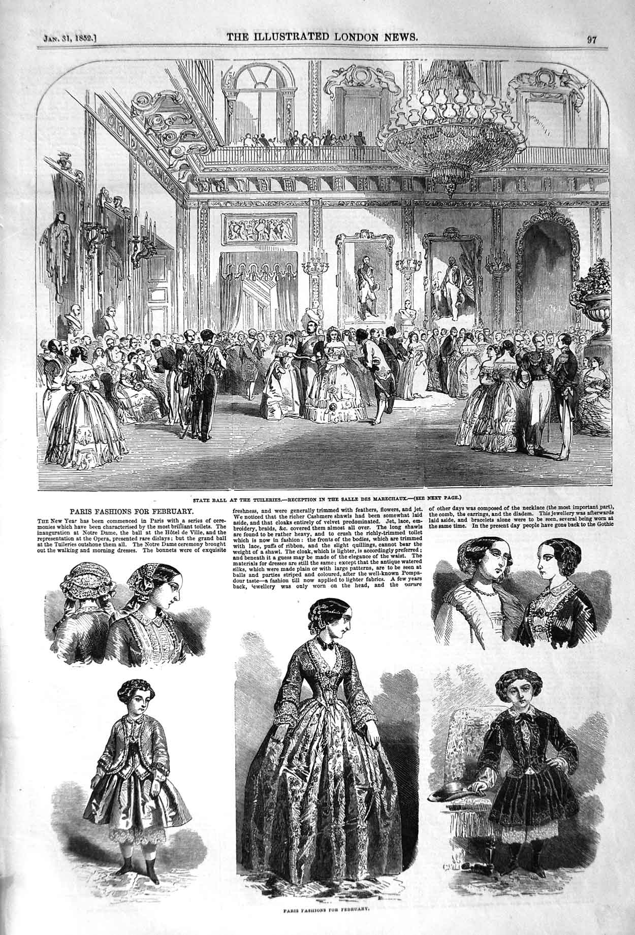 Old Antique Print 1852 State Ball Tuileries Salle Marechaux Paris Fashion 19th