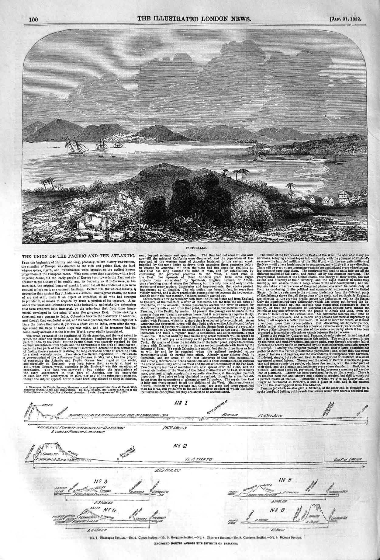 Original Old Antique Print 1852 View Portobello Ships Isthmus Panama Canal 19th