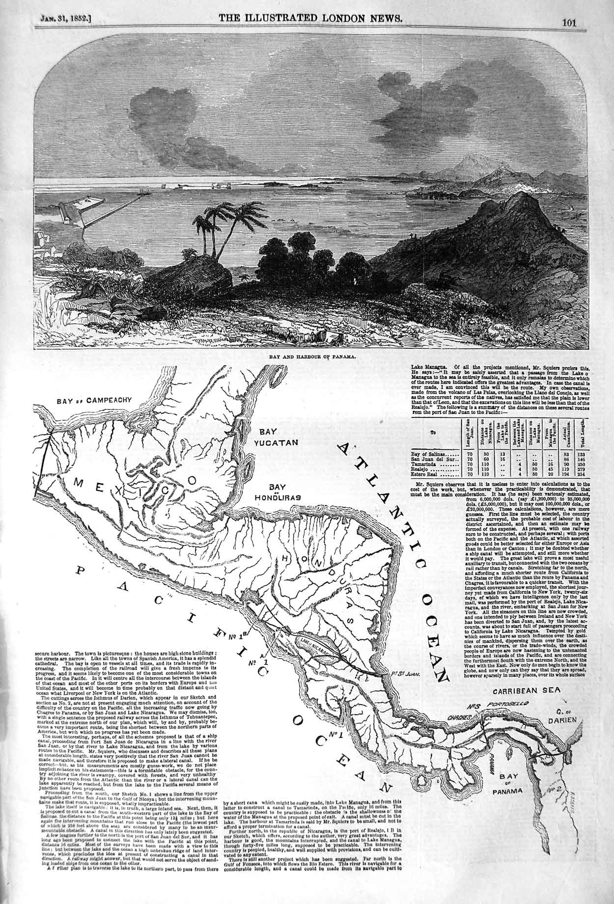 Original Old Antique Print 1852 Bay Harbour Panama Map Canal Honduras Ca 19th