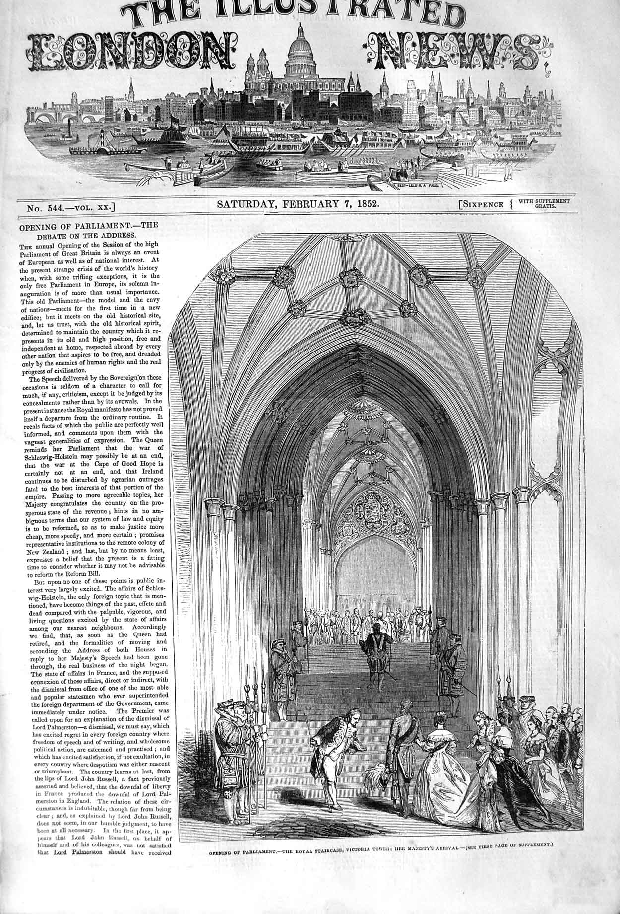 Old Antique Print 1852 Opening Parliament Victoria Tower Royal Staircase 19th