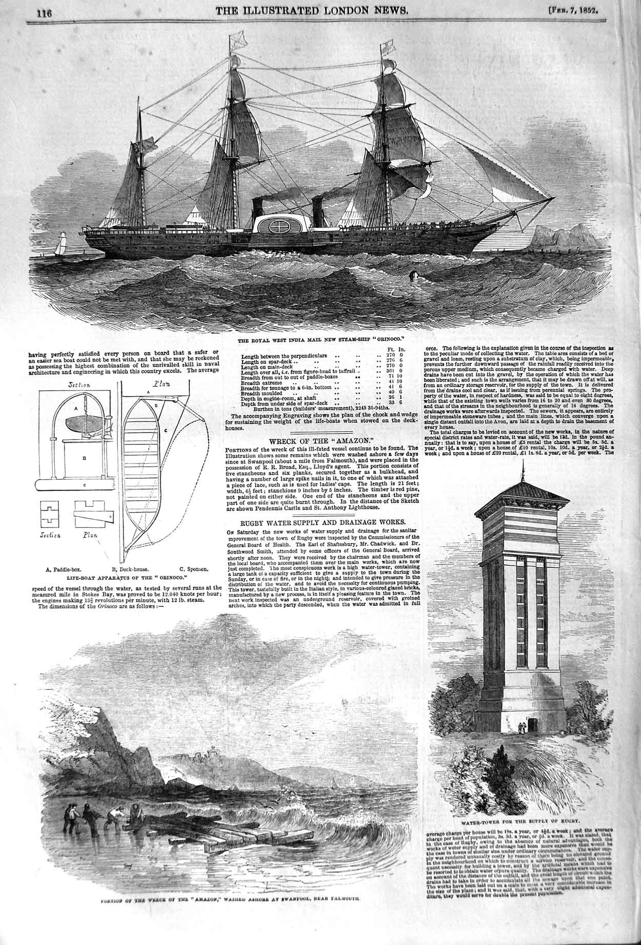 Old Antique Print 1852 Royal West India Mail Ship Orinoco Amazon Swanpool 19th