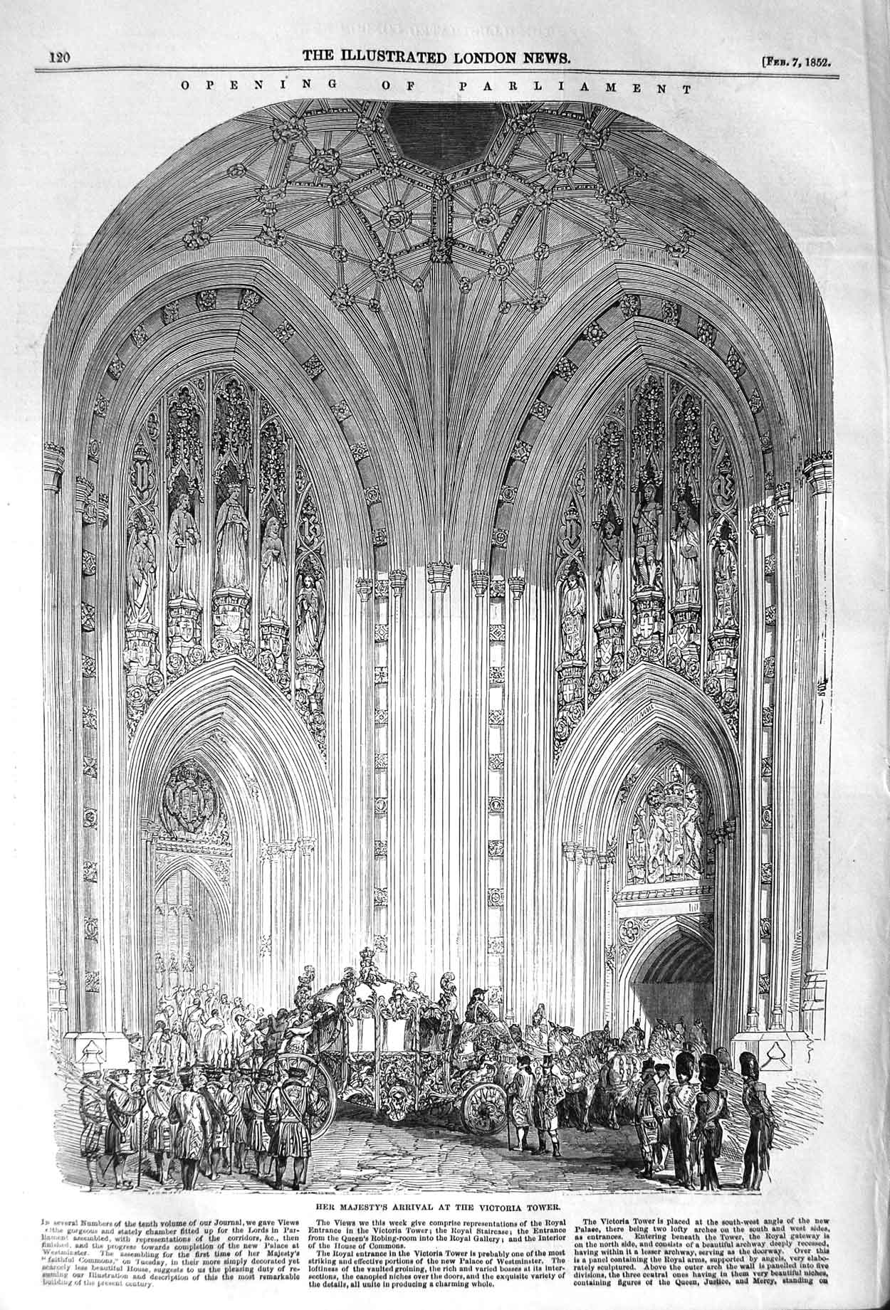 Original Old Antique Print 1852 Queen England Victoria Tower Parliament Commons