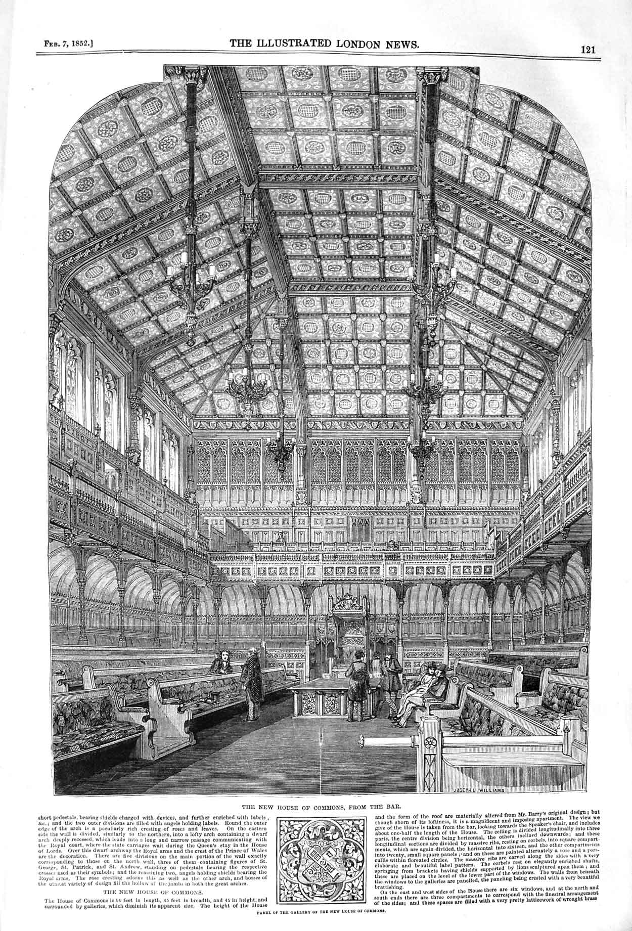 Original Old Antique Print 1852 New Houses Commons Bar Parliament Architecture