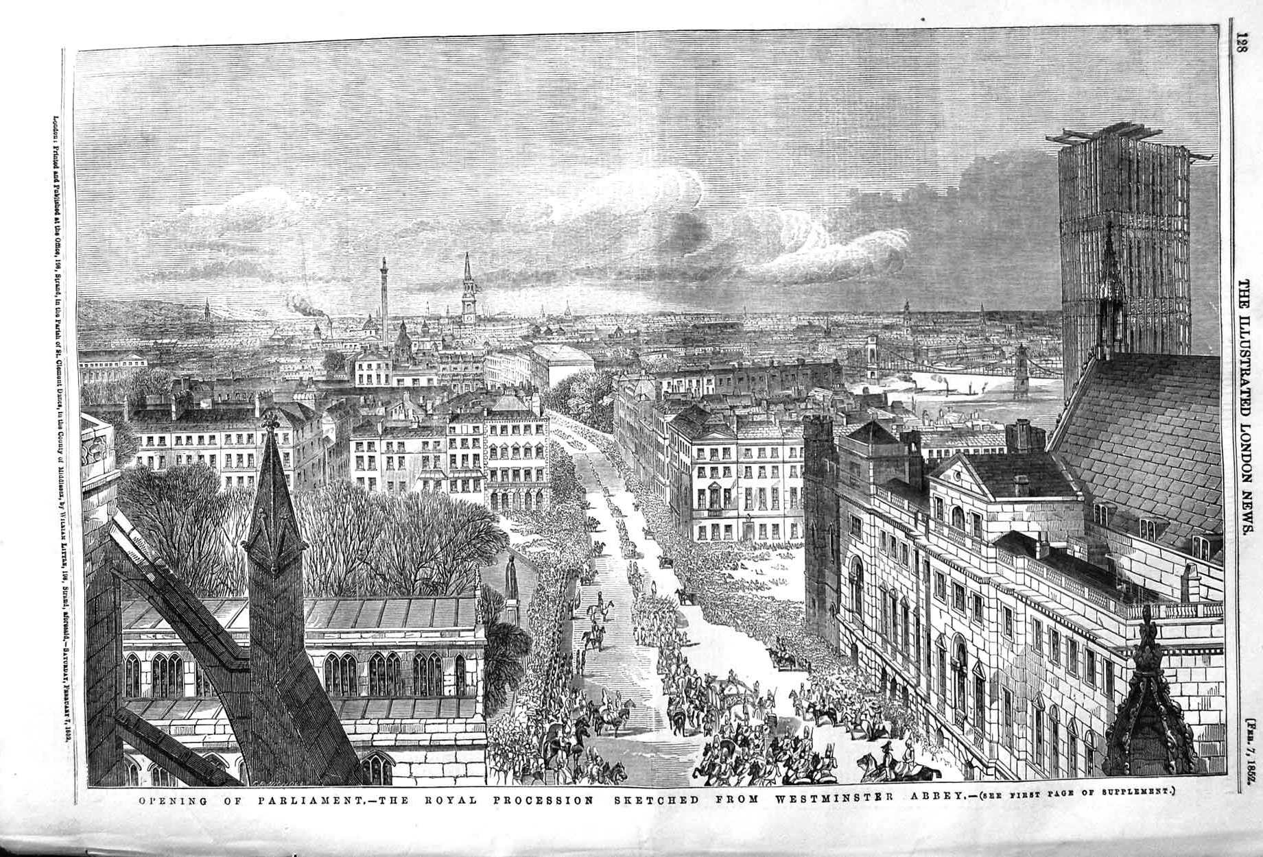 Original Old Antique Print 1852 Opening Parliament Procession Westminster Abbey