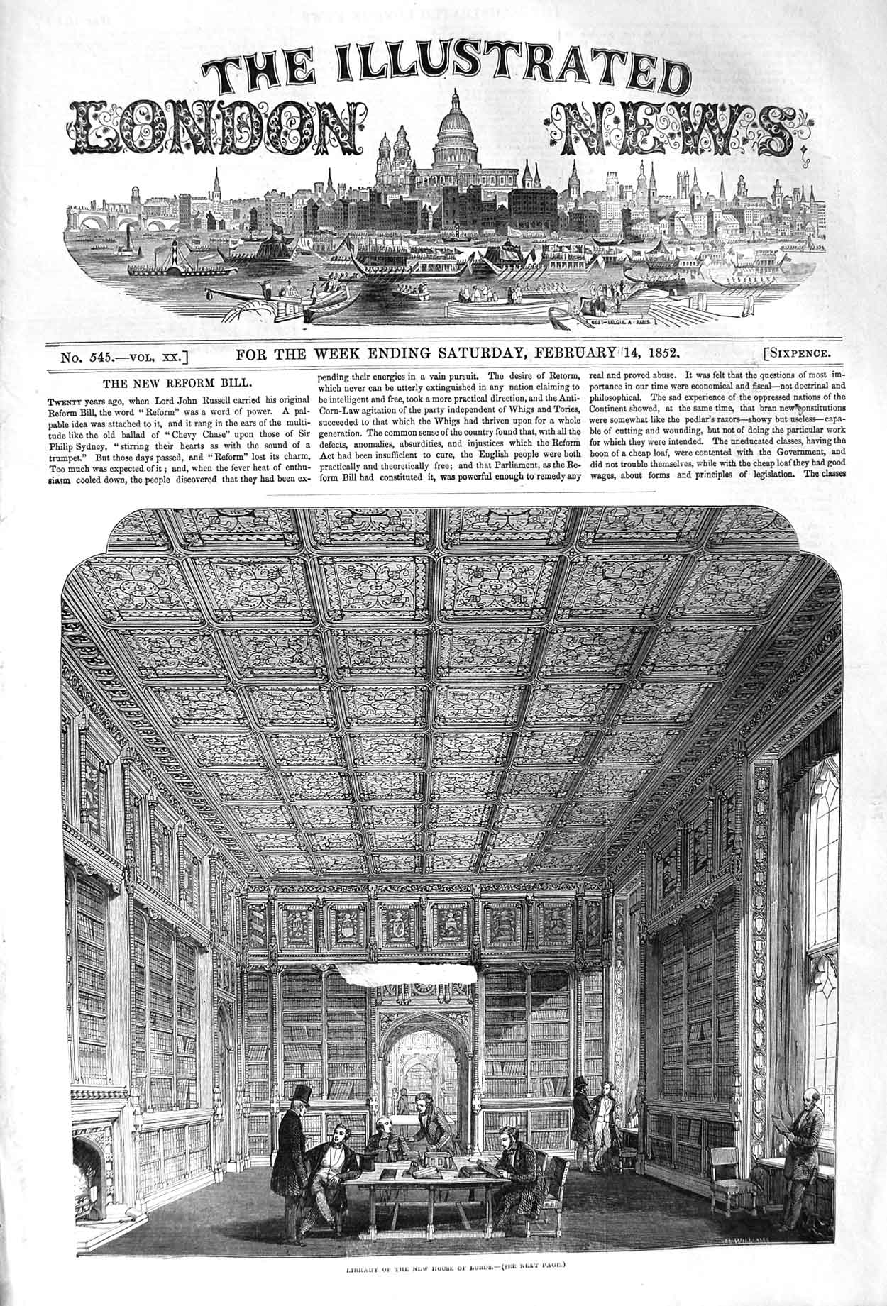 Original Old Antique Print 1852 Library New House Lords London 19th