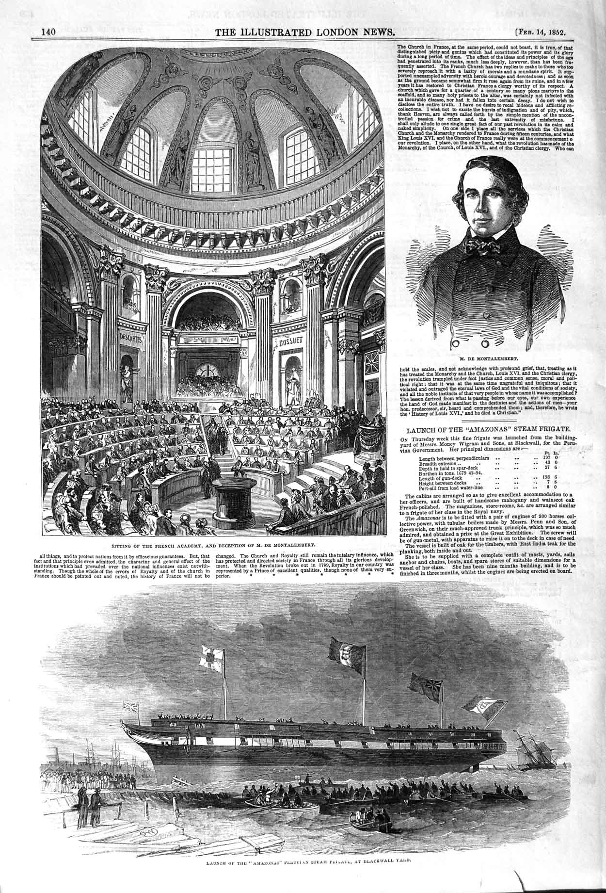 Original Old Antique Print 1852 Amazonas Peruvian Ship Blackwall Monta Victorian