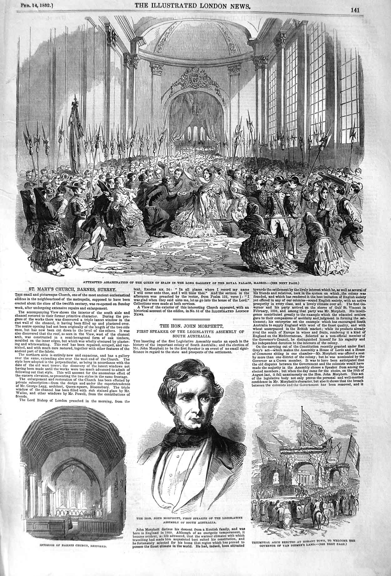 Original Old Antique Print 1852 Barnes Church Morphett Hobart Queen Spain 19th