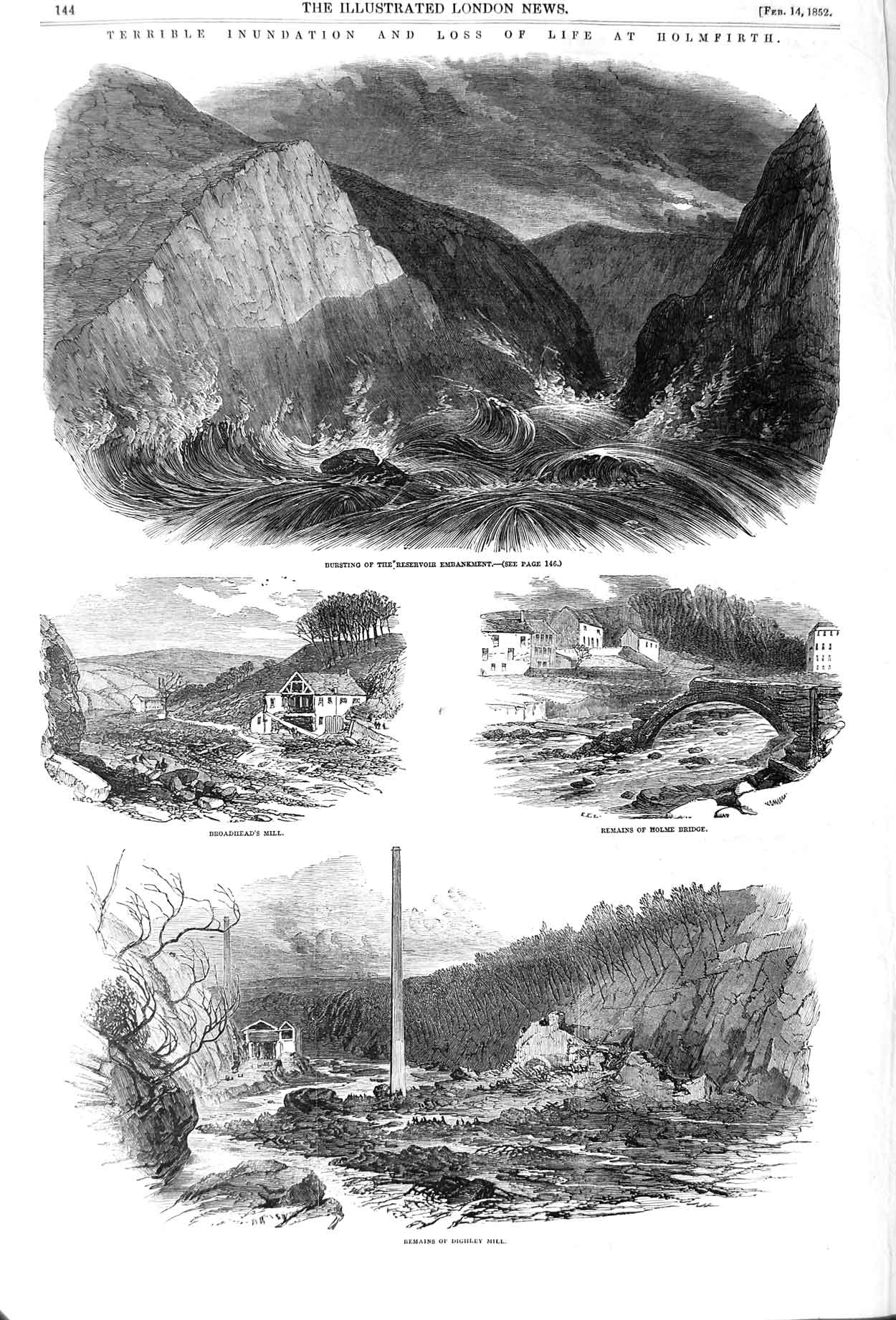 Old Antique Print 1852 Floods Holmfirth Reservoir Digley Mill Hinchliffe 19th