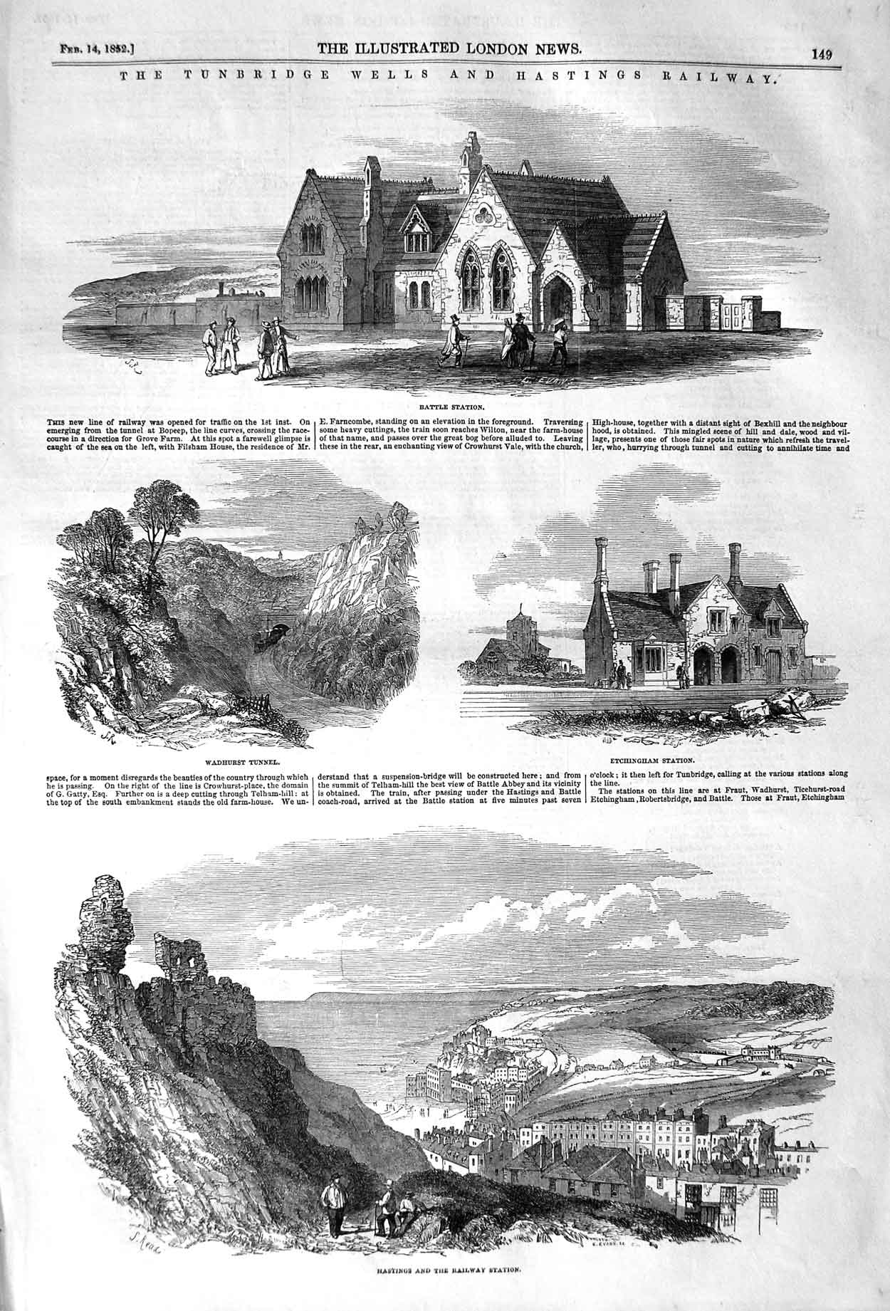 Original Old Antique Print 1852 Tunbridge Wells Hastings Railway Battle W 19th