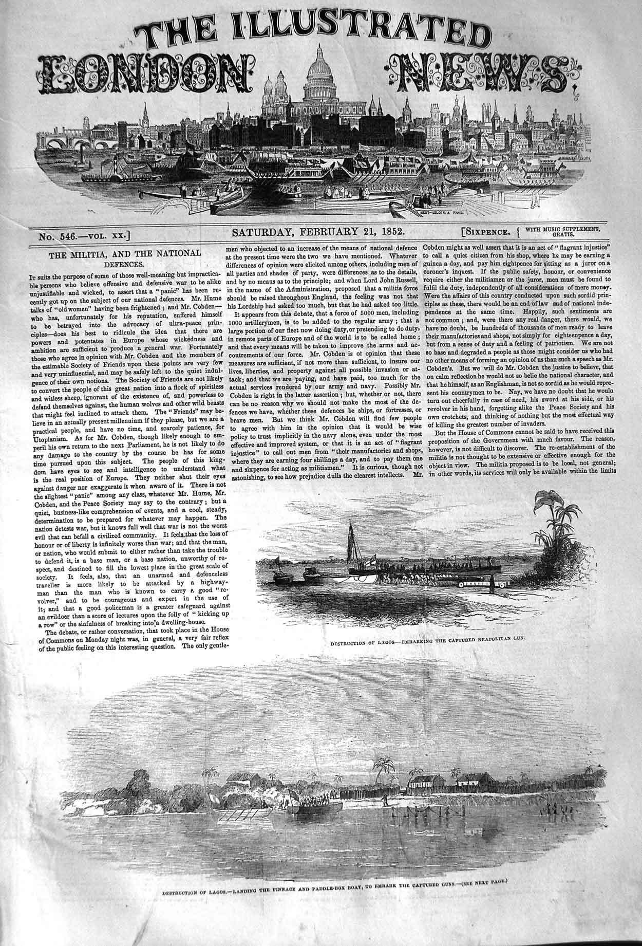 Original Old Antique Print 1852 Destruction Lagos Ship Pinnace Paddle-Box Boat